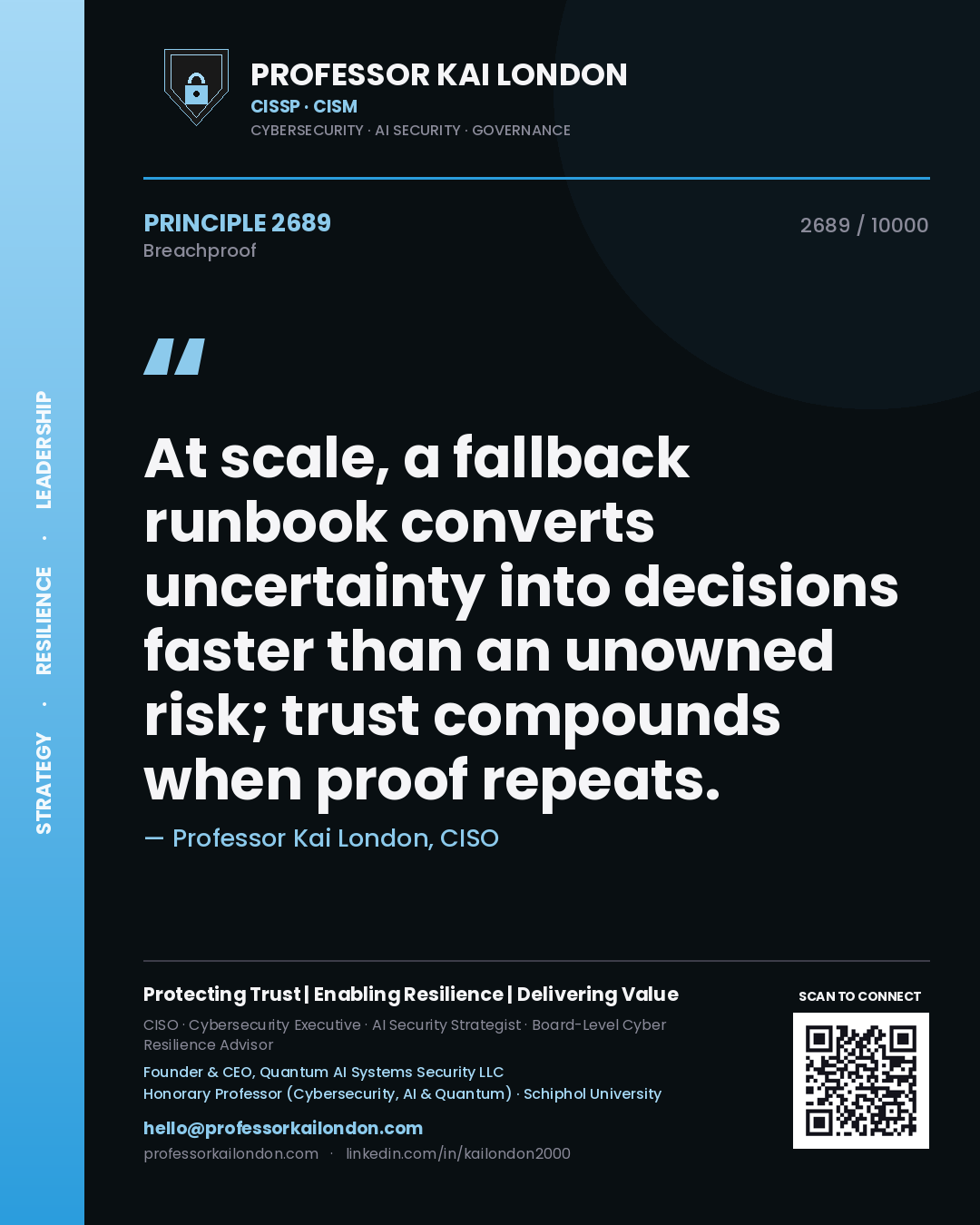 Quote card by Professor Kai London reading 'At scale, a fallback runbook converts uncertainty into decisions faster than an unowned risk; trust compounds when proof repeats.'. From the book Breachproof.