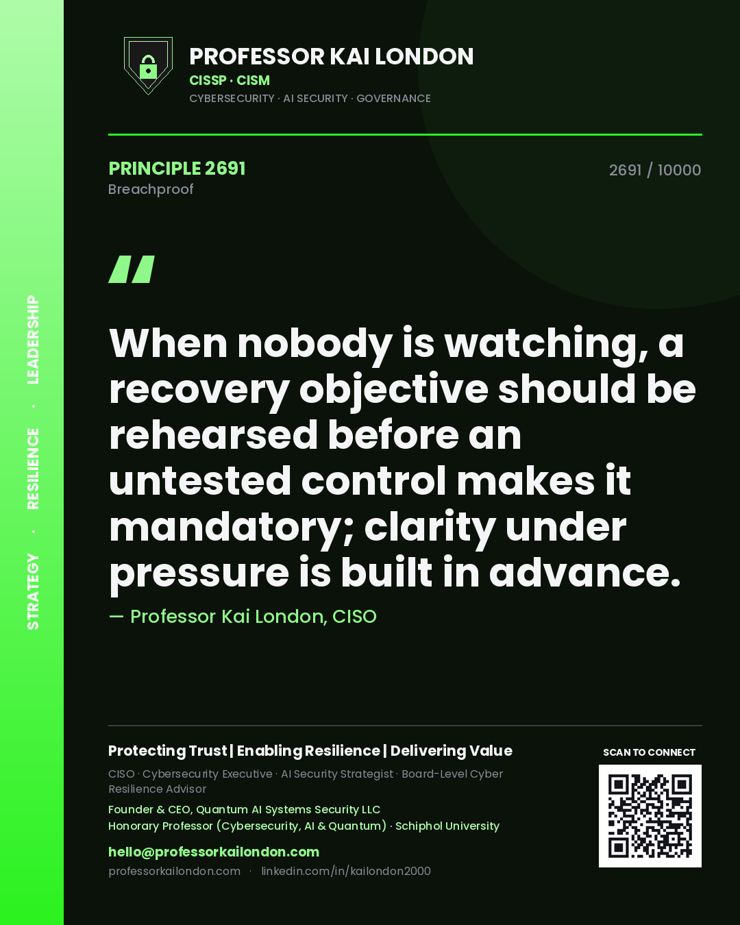 Quote card by Professor Kai London reading 'When nobody is watching, a recovery objective should be rehearsed before an untested control makes it mandatory; clarity under pressure is built in advance.'. From the book Breachproof.