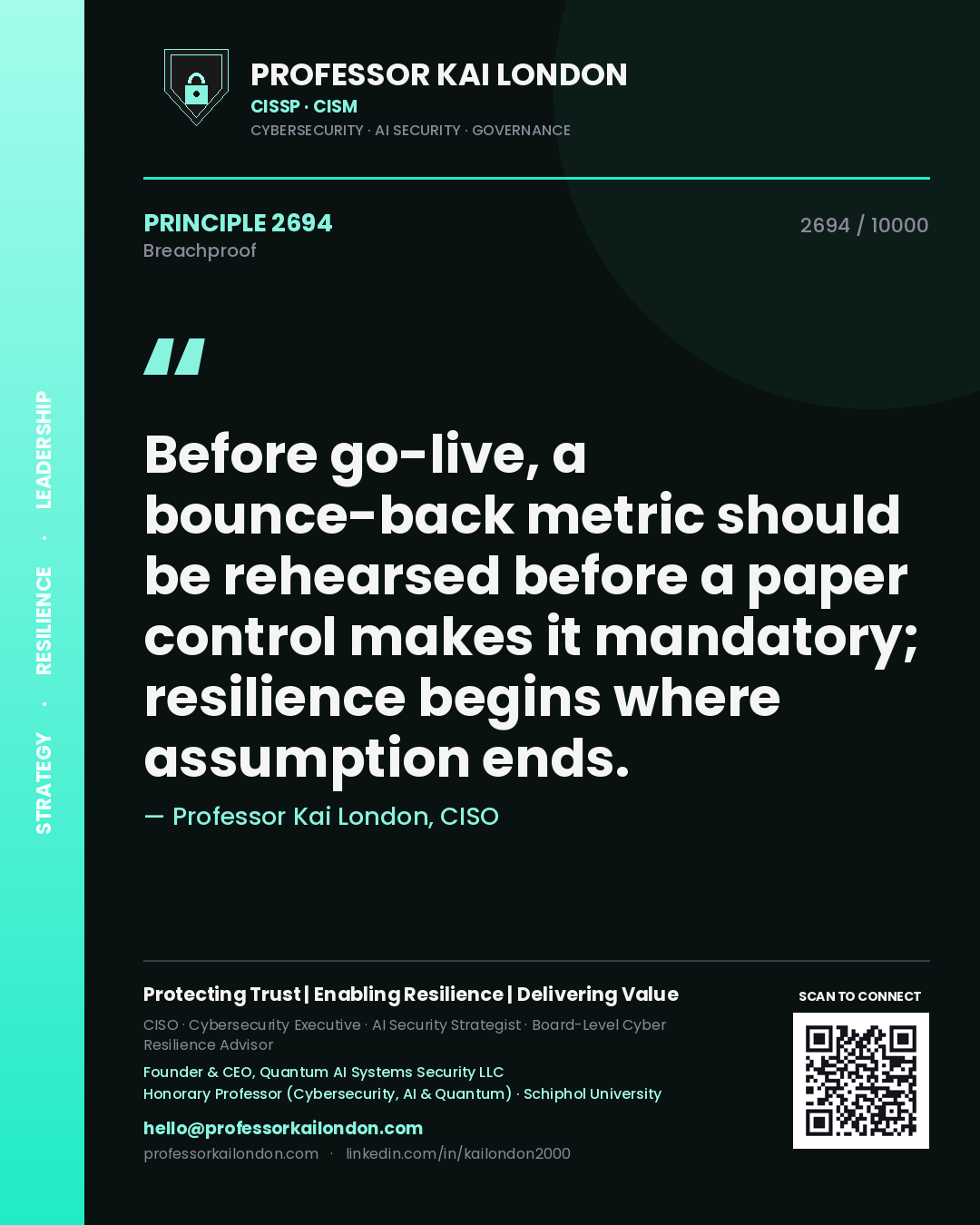 Quote card by Professor Kai London reading 'Before go-live, a bounce-back metric should be rehearsed before a paper control makes it mandatory; resilience begins where assumption ends.'. From the book Breachproof.