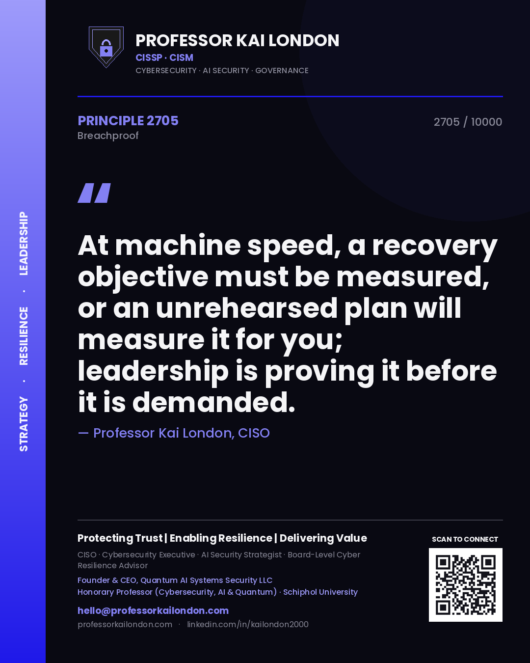 Quote card by Professor Kai London reading 'At machine speed, a recovery objective must be measured, or an unrehearsed plan will measure it for you; leadership is proving it before it is demanded.'. From the book Breachproof.