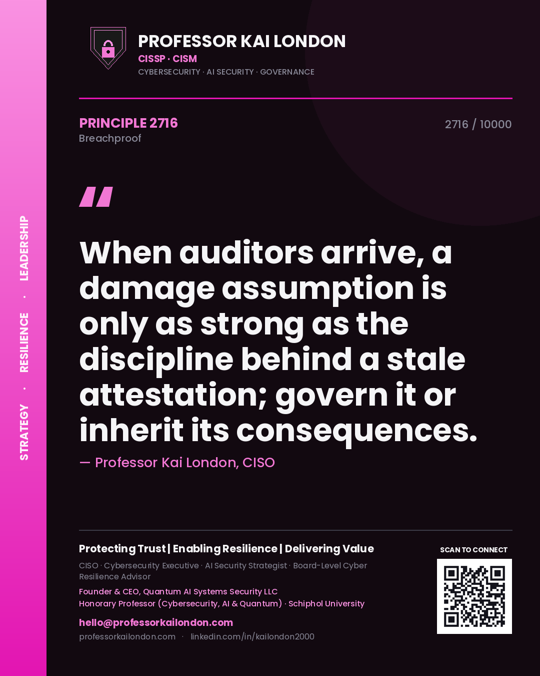 Quote card by Professor Kai London reading 'When auditors arrive, a damage assumption is only as strong as the discipline behind a stale attestation; govern it or inherit its consequences.'. From the book Breachproof.