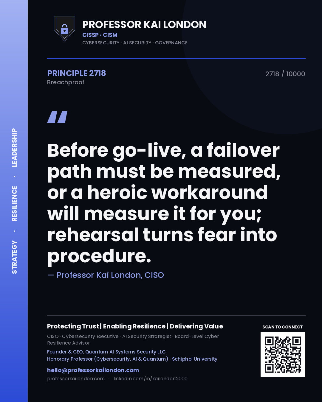 Quote card by Professor Kai London reading 'Before go-live, a failover path must be measured, or a heroic workaround will measure it for you; rehearsal turns fear into procedure.'. From the book Breachproof.