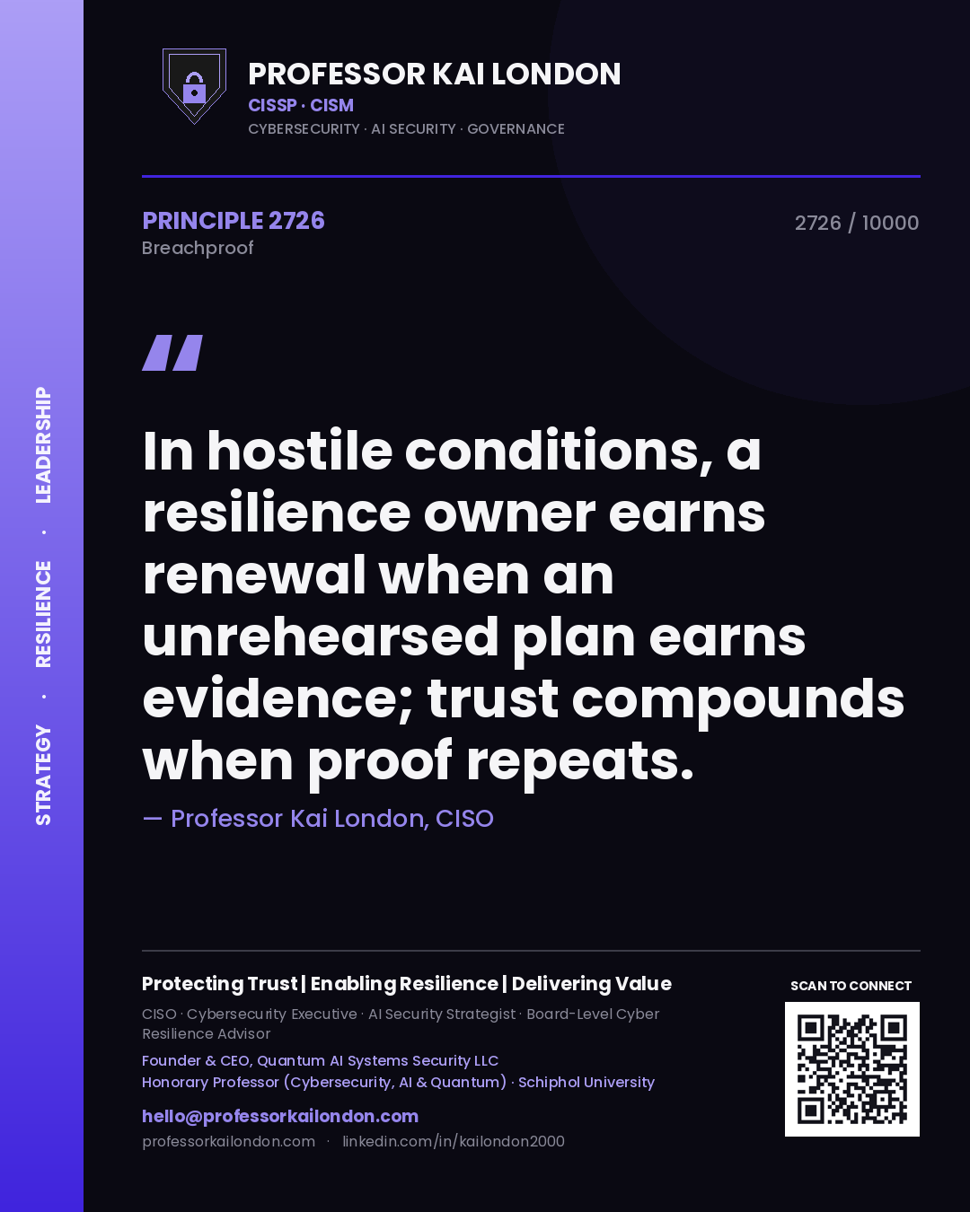 Professor Kai London principle 2726: In hostile conditions, a resilience owner earns renewal when an unrehearsed plan earns evidence; trust compounds when proof repeats.