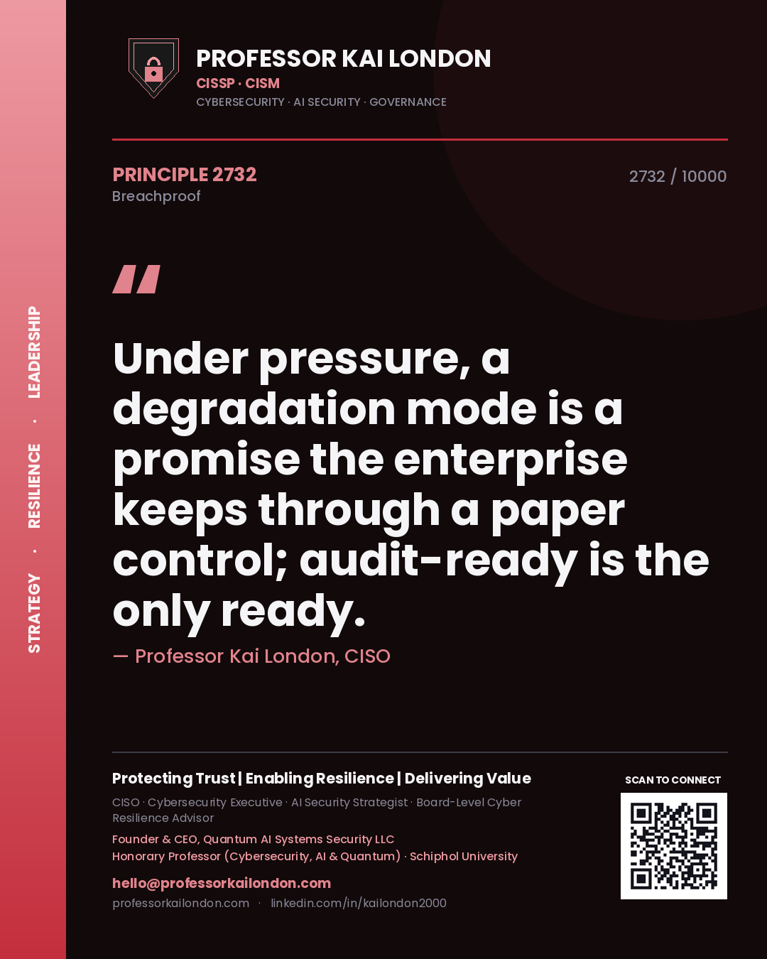Quote card by Professor Kai London reading 'Under pressure, a degradation mode is a promise the enterprise keeps through a paper control; audit-ready is the only ready.'. From the book Breachproof.