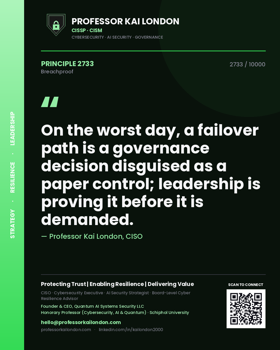 Quote card by Professor Kai London reading 'On the worst day, a failover path is a governance decision disguised as a paper control; leadership is proving it before it is demanded.'. From the book Breachproof.