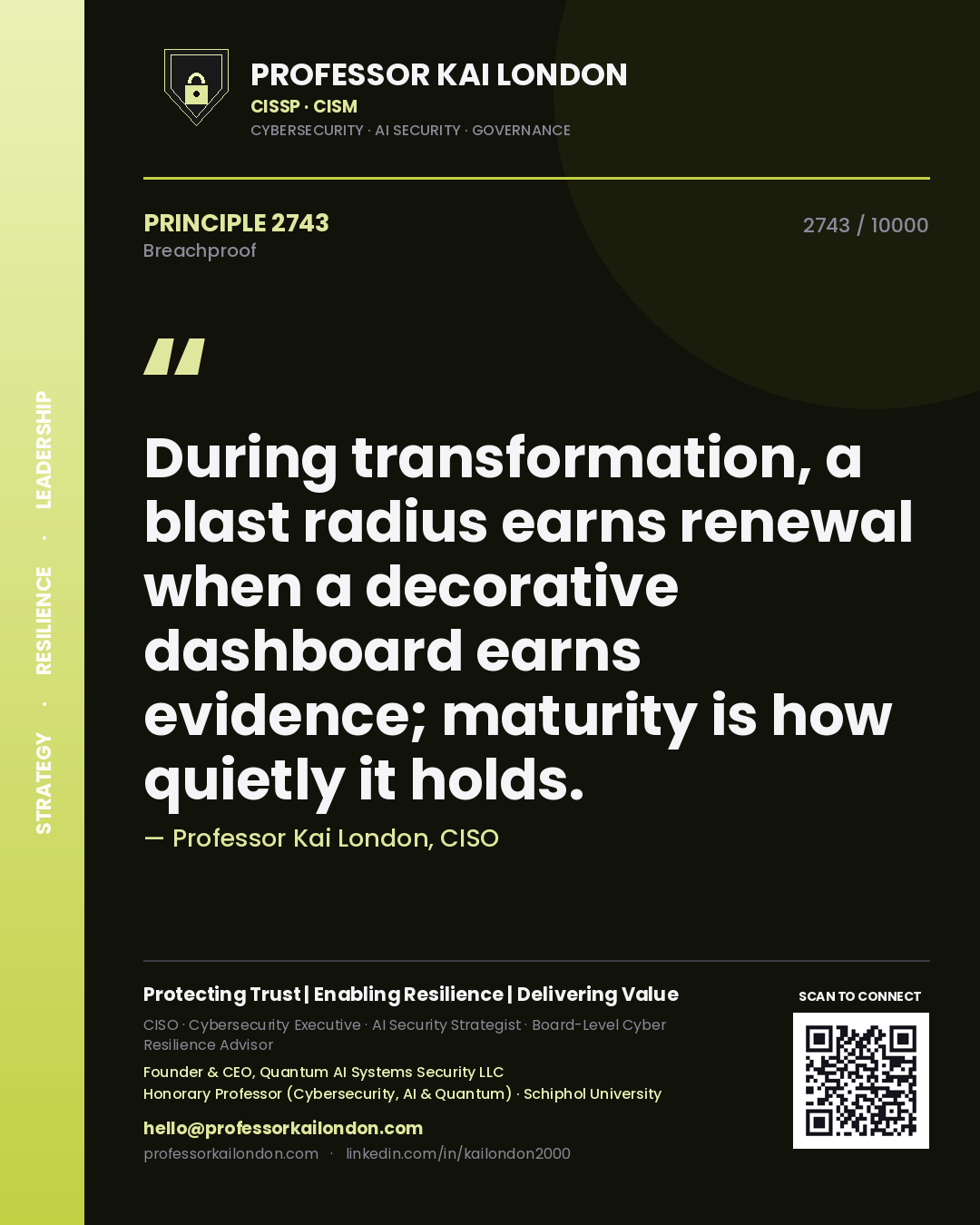 Quote card by Professor Kai London reading 'During transformation, a blast radius earns renewal when a decorative dashboard earns evidence; maturity is how quietly it holds.'. From the book Breachproof.