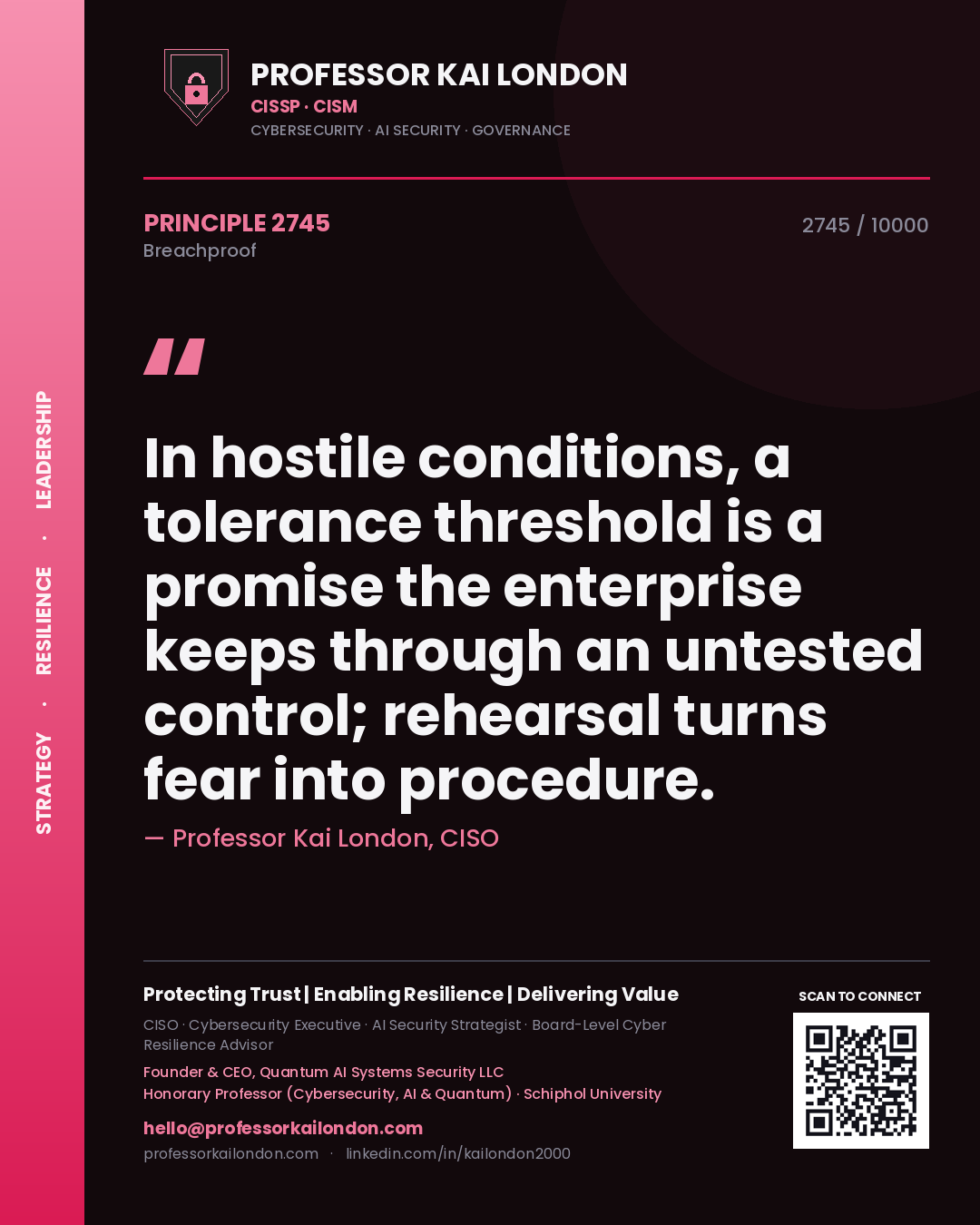 Quote card by Professor Kai London reading 'In hostile conditions, a tolerance threshold is a promise the enterprise keeps through an untested control; rehearsal turns fear into procedure.'. From the book Breachproof.