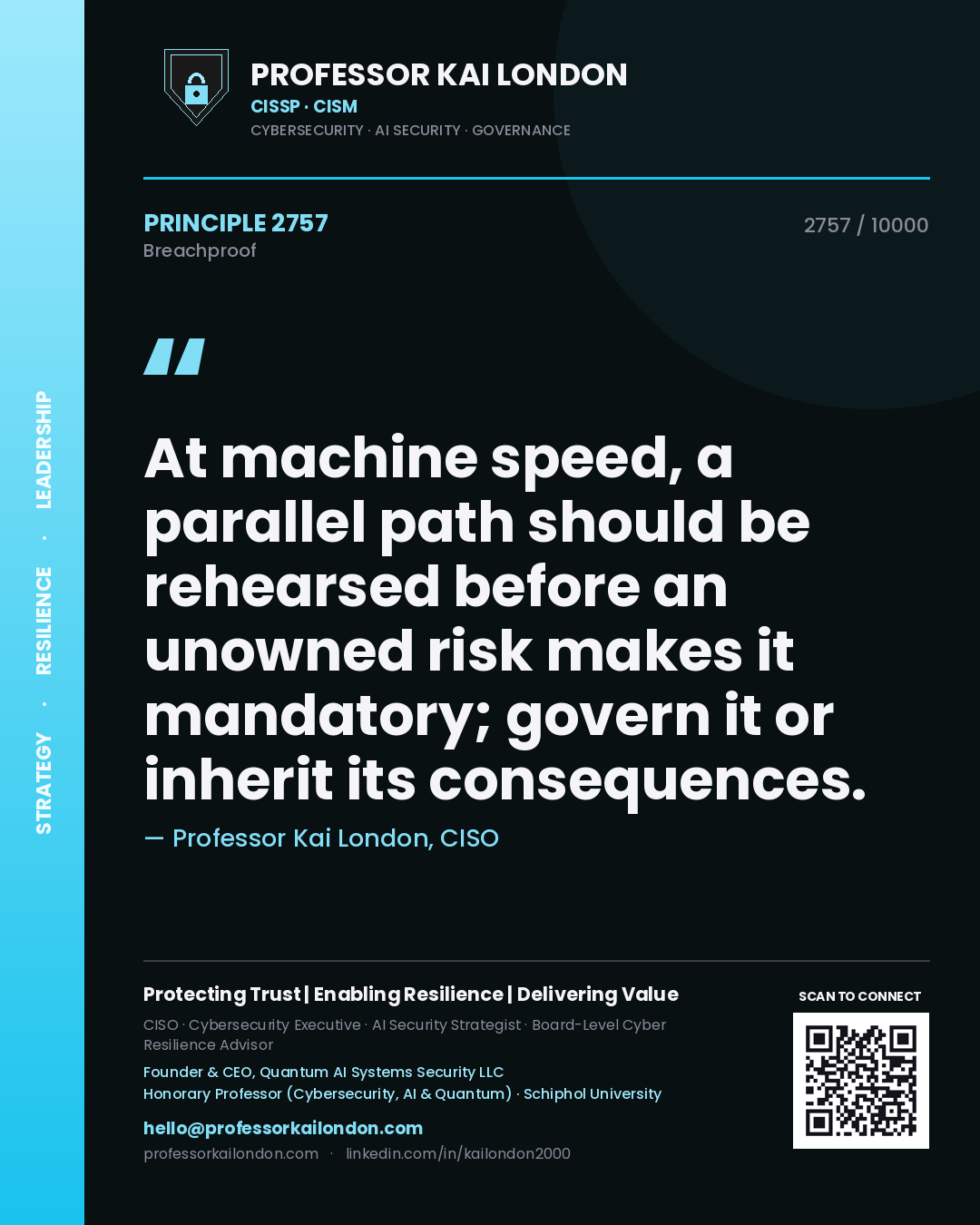 Quote card by Professor Kai London reading 'At machine speed, a parallel path should be rehearsed before an unowned risk makes it mandatory; govern it or inherit its consequences.'. From the book Breachproof.