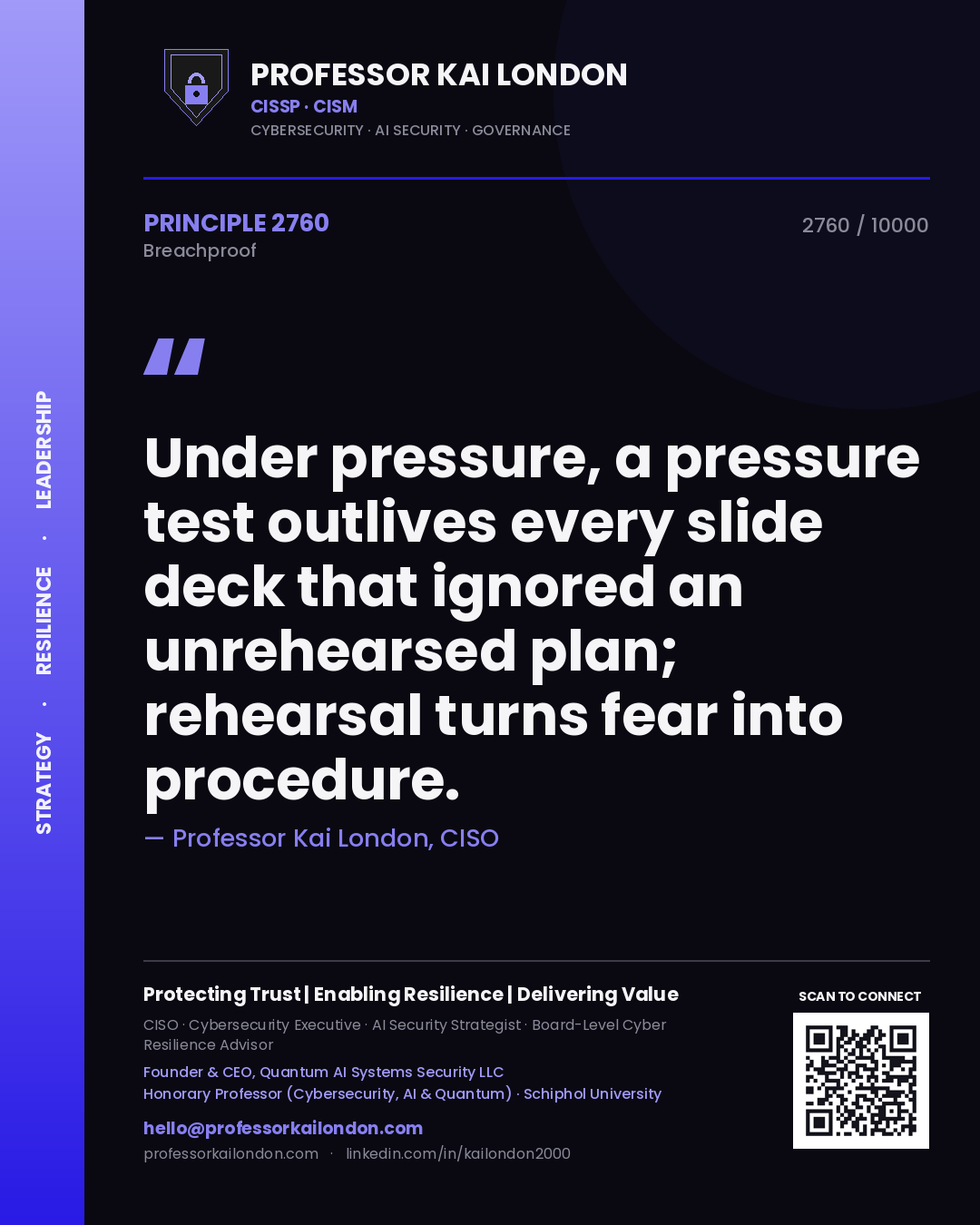 Professor Kai London principle 2760: Under pressure, a pressure test outlives every slide deck that ignored an unrehearsed plan; rehearsal turns fear into procedure.