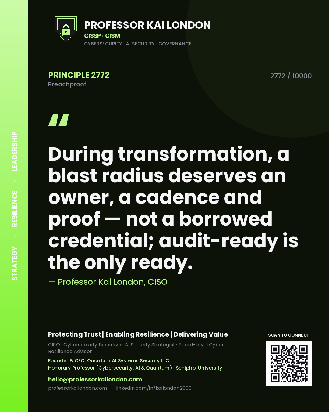 Quote card by Professor Kai London reading 'During transformation, a blast radius deserves an owner, a cadence and proof — not a borrowed credential; audit-ready is the only ready.'. From the book Breachproof.