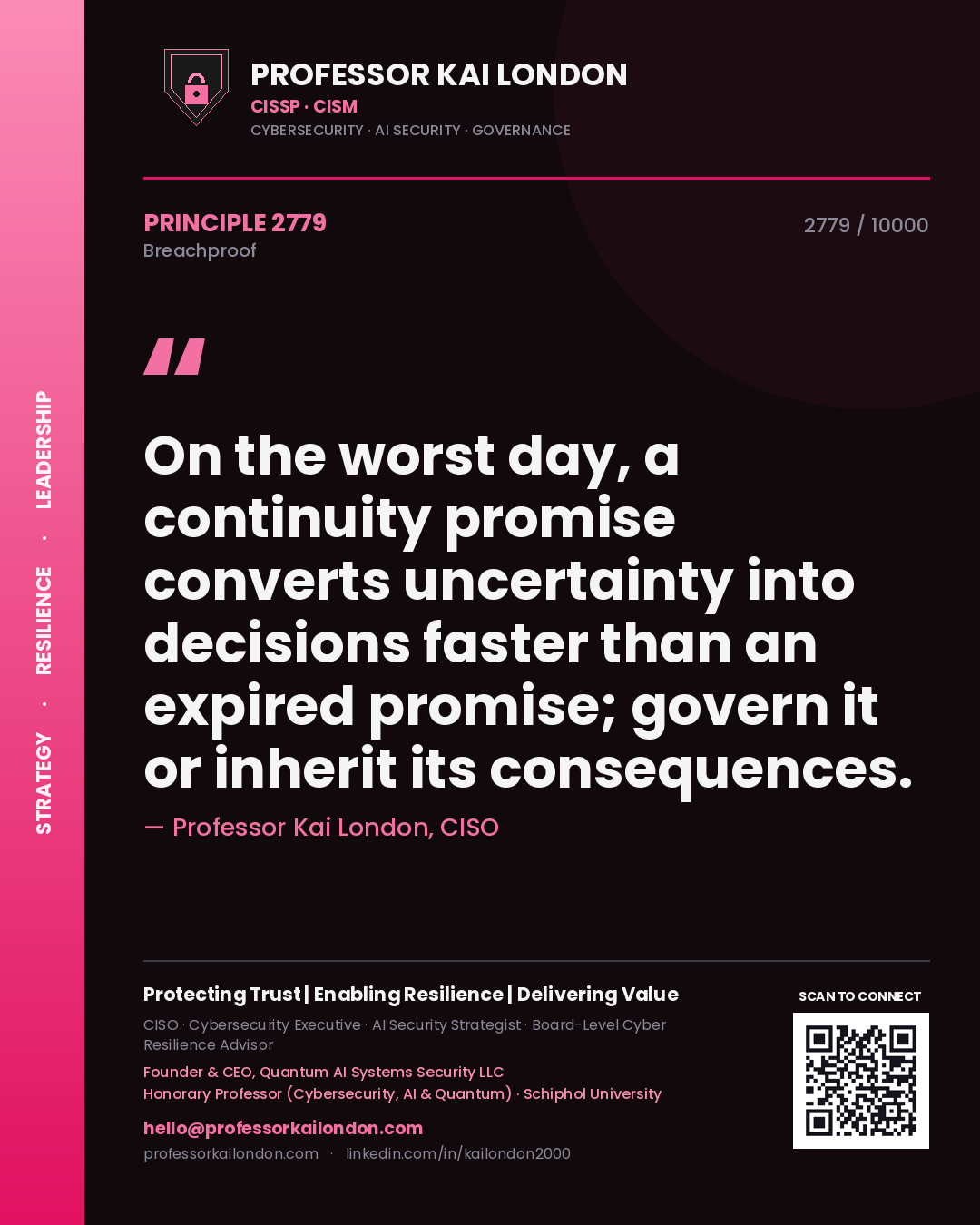 Quote card by Professor Kai London reading 'On the worst day, a continuity promise converts uncertainty into decisions faster than an expired promise; govern it or inherit its consequences.'. From the book Breachproof.