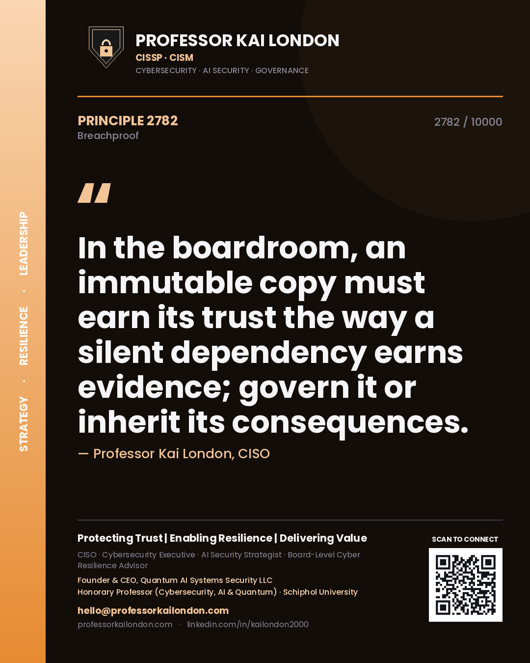 Quote card by Professor Kai London reading 'In the boardroom, an immutable copy must earn its trust the way a silent dependency earns evidence; govern it or inherit its consequences.'. From the book Breachproof.