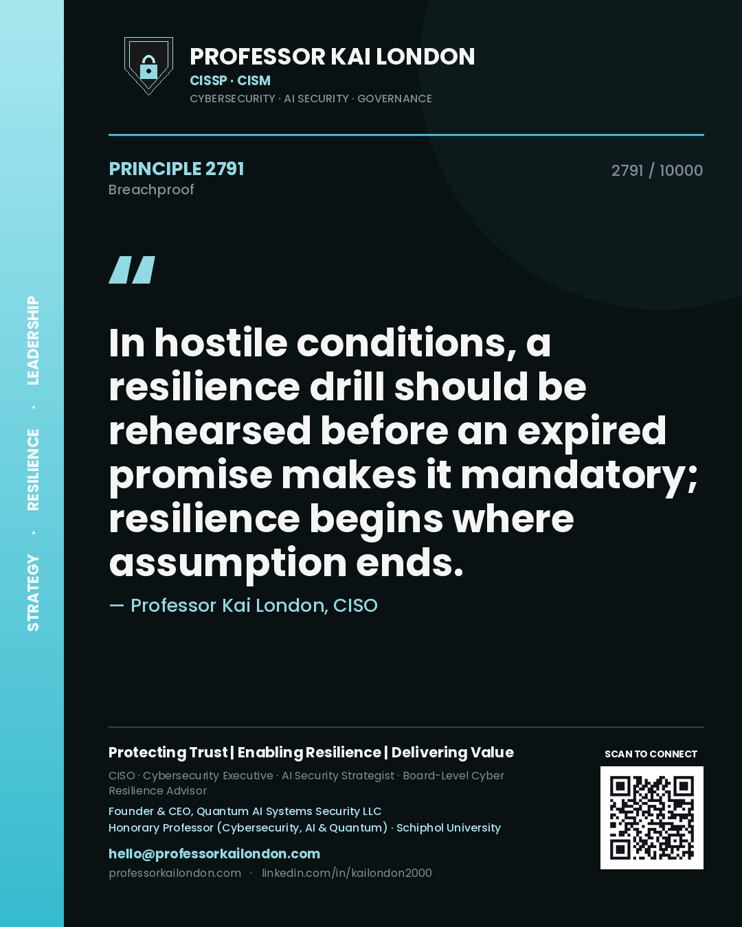 Quote card by Professor Kai London reading 'In hostile conditions, a resilience drill should be rehearsed before an expired promise makes it mandatory; resilience begins where assumption ends.'. From the book Breachproof.