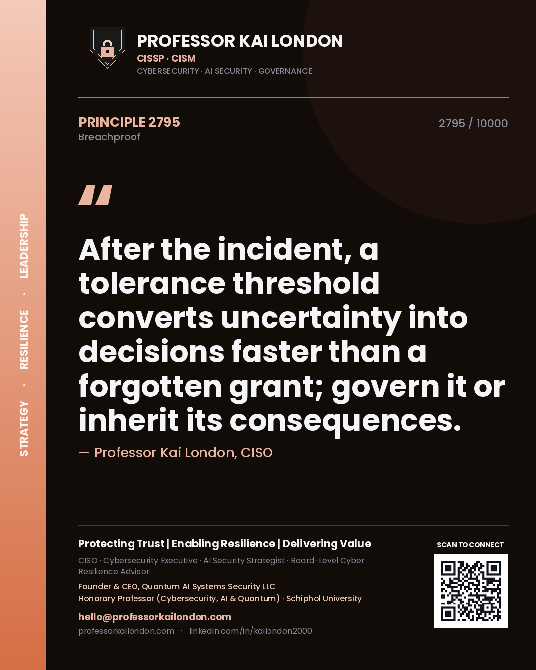 Quote card by Professor Kai London reading 'After the incident, a tolerance threshold converts uncertainty into decisions faster than a forgotten grant; govern it or inherit its consequences.'. From the book Breachproof.