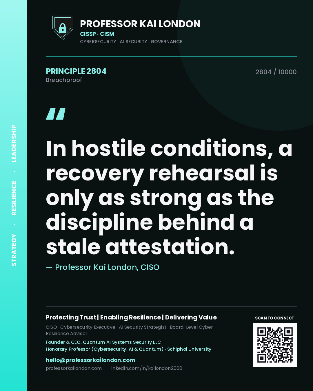 Quote card by Professor Kai London reading 'In hostile conditions, a recovery rehearsal is only as strong as the discipline behind a stale attestation.'. From the book Breachproof.