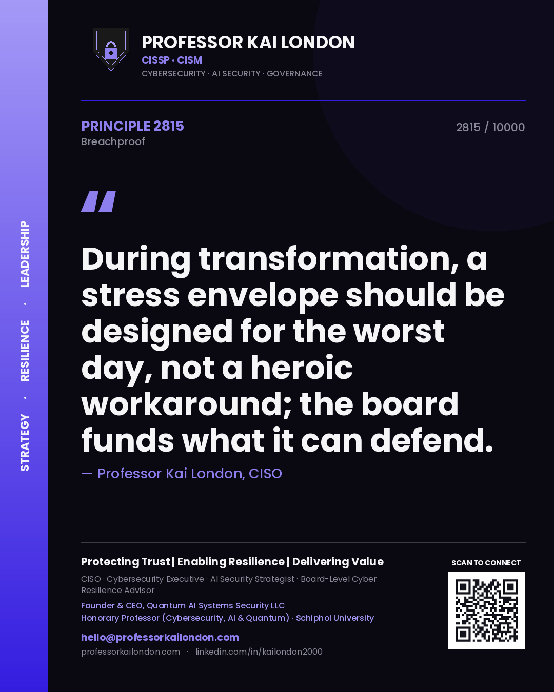Quote card by Professor Kai London reading 'During transformation, a stress envelope should be designed for the worst day, not a heroic workaround; the board funds what it can defend.'. From the book Breachproof.