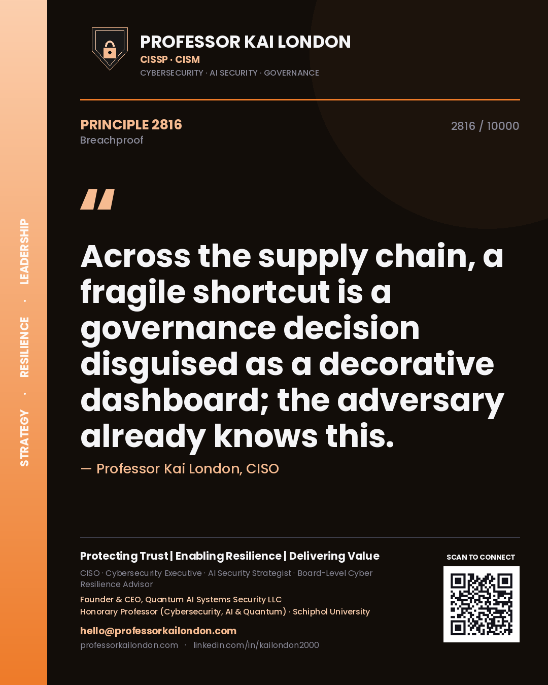 Quote card by Professor Kai London reading 'Across the supply chain, a fragile shortcut is a governance decision disguised as a decorative dashboard; the adversary already knows this.'. From the book Breachproof.