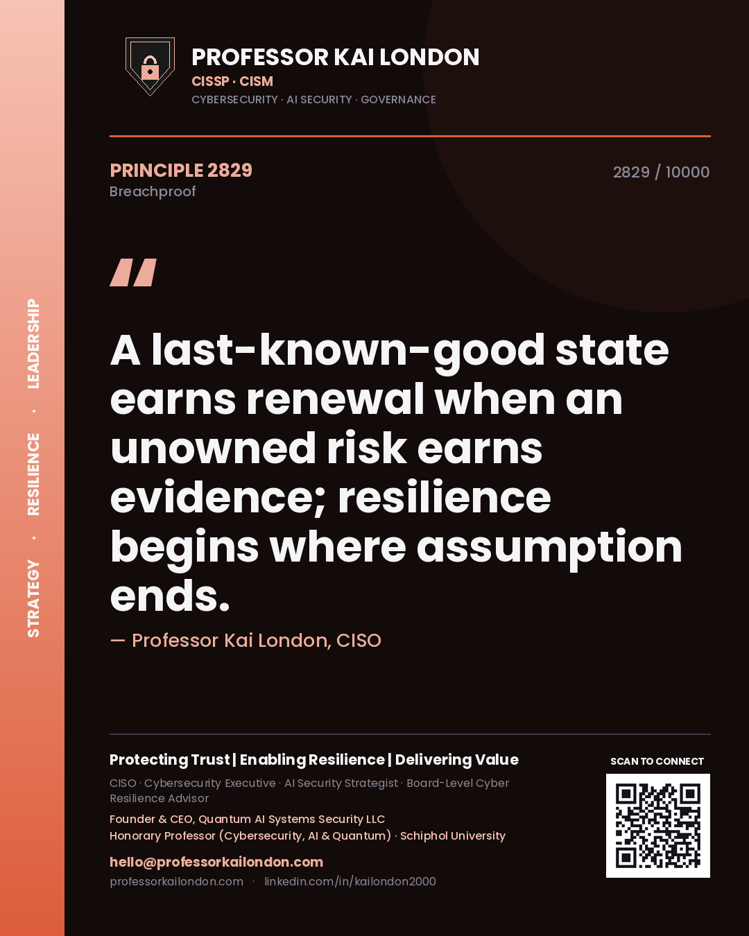 Quote card by Professor Kai London reading 'A last-known-good state earns renewal when an unowned risk earns evidence; resilience begins where assumption ends.'. From the book Breachproof.