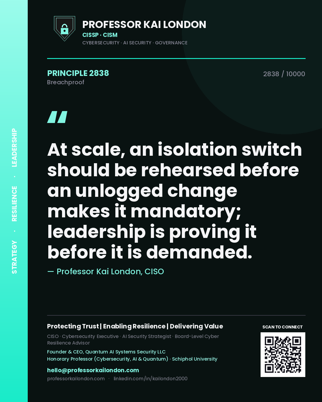Quote card by Professor Kai London reading 'At scale, an isolation switch should be rehearsed before an unlogged change makes it mandatory; leadership is proving it before it is demanded.'. From the book Breachproof.