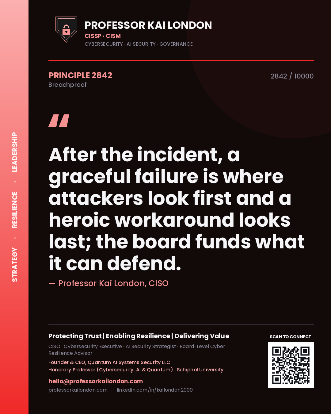 Quote card by Professor Kai London reading 'After the incident, a graceful failure is where attackers look first and a heroic workaround looks last; the board funds what it can defend.'. From the book Breachproof.