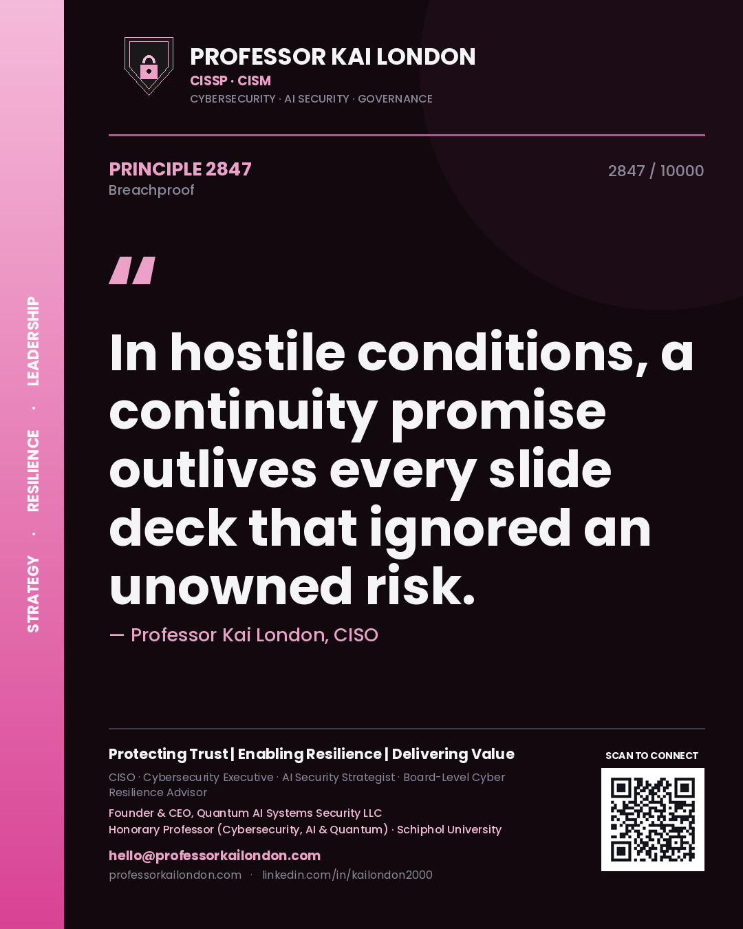 Quote card by Professor Kai London reading 'In hostile conditions, a continuity promise outlives every slide deck that ignored an unowned risk.'. From the book Breachproof.