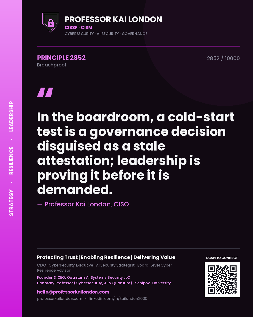 Quote card by Professor Kai London reading 'In the boardroom, a cold-start test is a governance decision disguised as a stale attestation; leadership is proving it before it is demanded.'. From the book Breachproof.