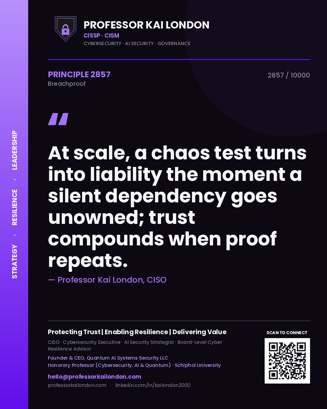 Quote card by Professor Kai London reading 'At scale, a chaos test turns into liability the moment a silent dependency goes unowned; trust compounds when proof repeats.'. From the book Breachproof.