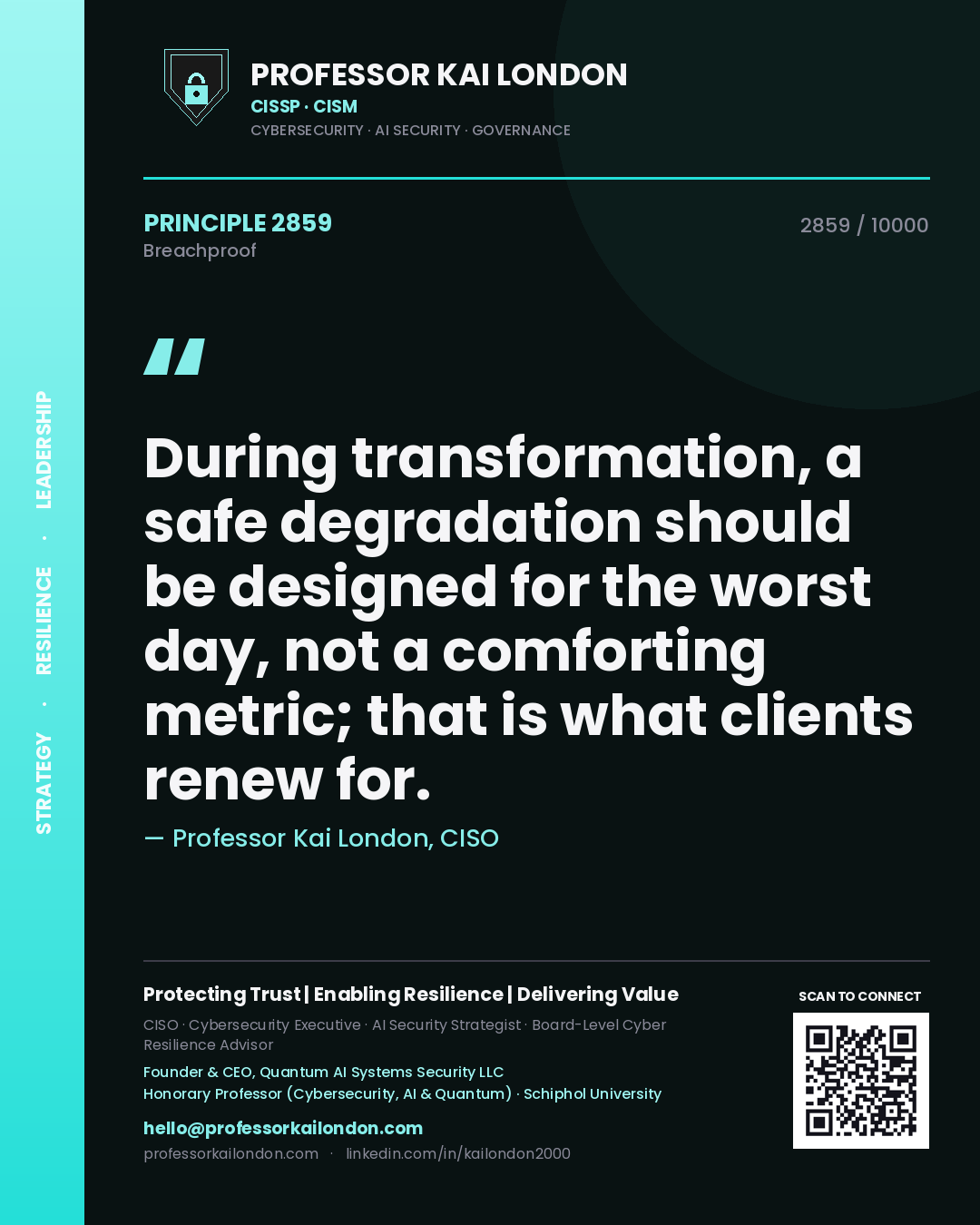 Quote card by Professor Kai London reading 'During transformation, a safe degradation should be designed for the worst day, not a comforting metric; that is what clients renew for.'. From the book Breachproof.