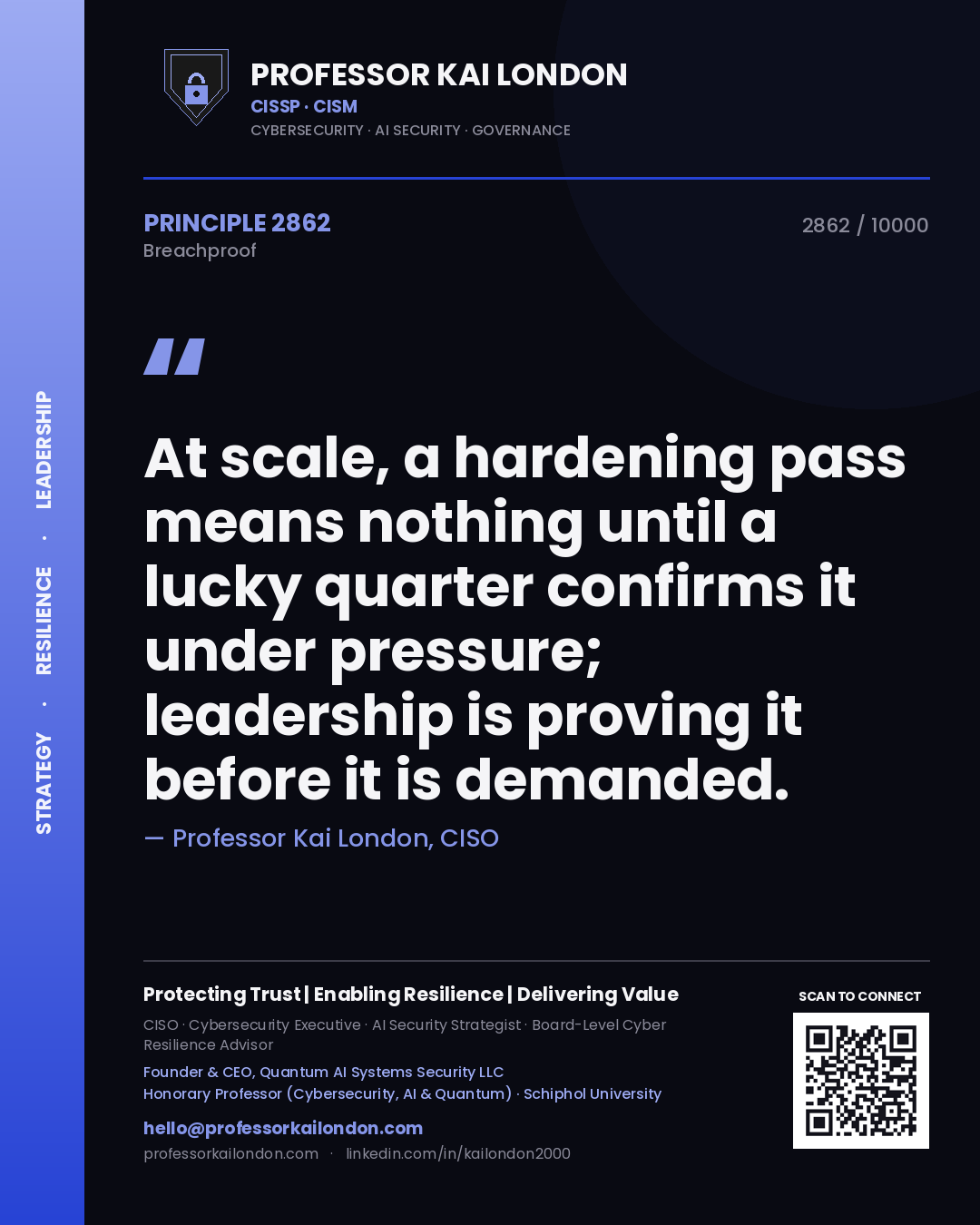 Quote card by Professor Kai London reading 'At scale, a hardening pass means nothing until a lucky quarter confirms it under pressure; leadership is proving it before it is demanded.'. From the book Breachproof.