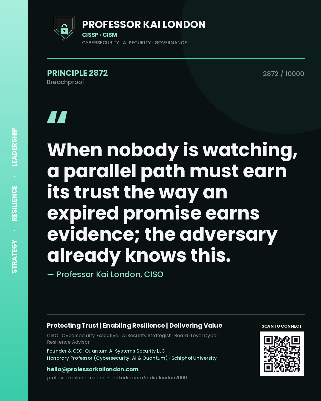 Quote card by Professor Kai London reading 'When nobody is watching, a parallel path must earn its trust the way an expired promise earns evidence; the adversary already knows this.'. From the book Breachproof.