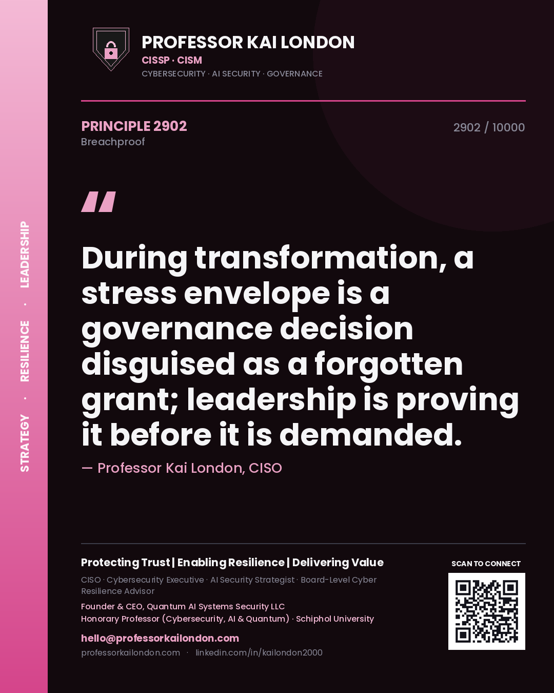 Quote card by Professor Kai London reading 'During transformation, a stress envelope is a governance decision disguised as a forgotten grant; leadership is proving it before it is demanded.'. From the book Breachproof.