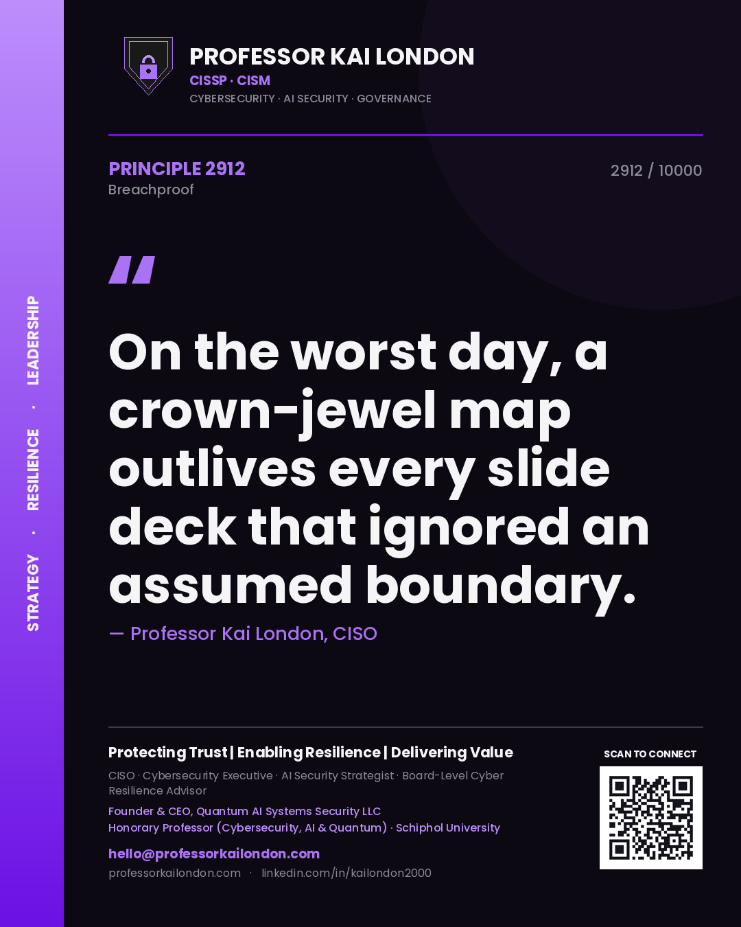 Quote card by Professor Kai London reading 'On the worst day, a crown-jewel map outlives every slide deck that ignored an assumed boundary.'. From the book Breachproof.