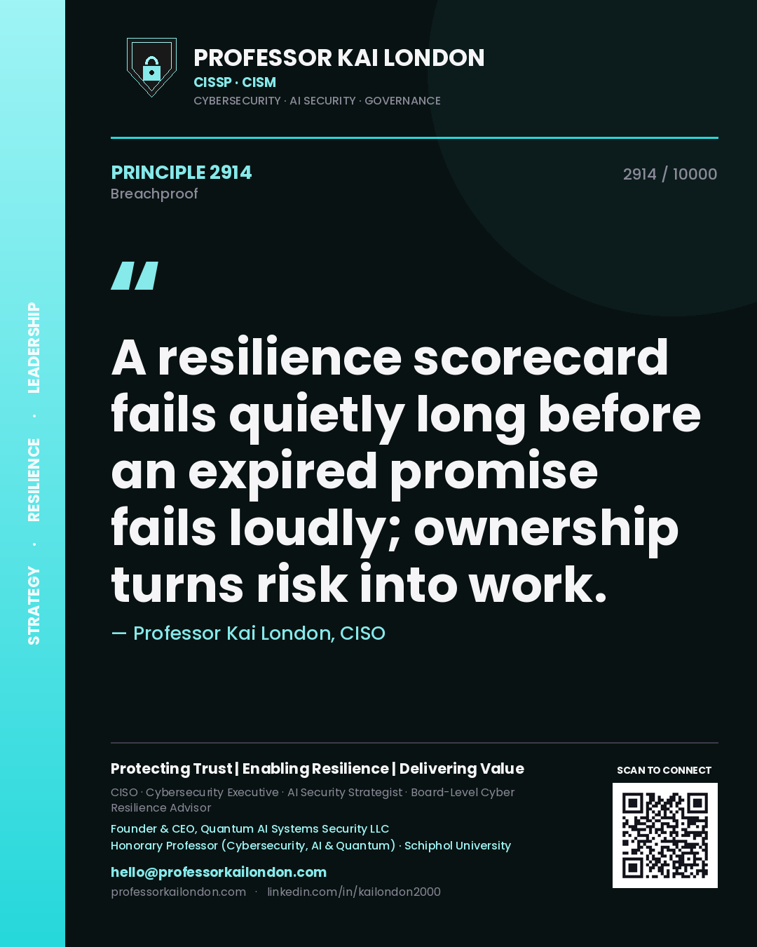 Quote card by Professor Kai London reading 'A resilience scorecard fails quietly long before an expired promise fails loudly; ownership turns risk into work.'. From the book Breachproof.
