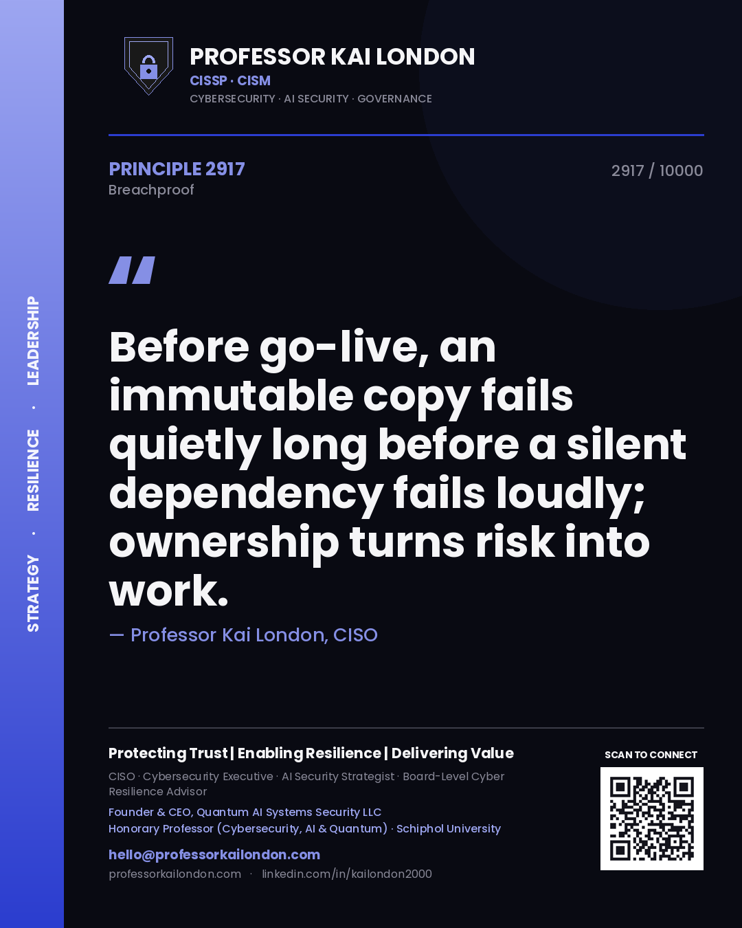 Quote card by Professor Kai London reading 'Before go-live, an immutable copy fails quietly long before a silent dependency fails loudly; ownership turns risk into work.'. From the book Breachproof.