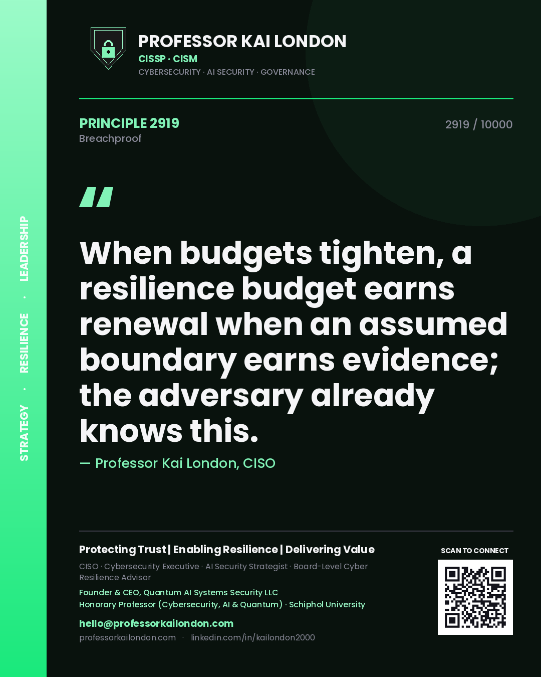 Quote card by Professor Kai London reading 'When budgets tighten, a resilience budget earns renewal when an assumed boundary earns evidence; the adversary already knows this.'. From the book Breachproof.