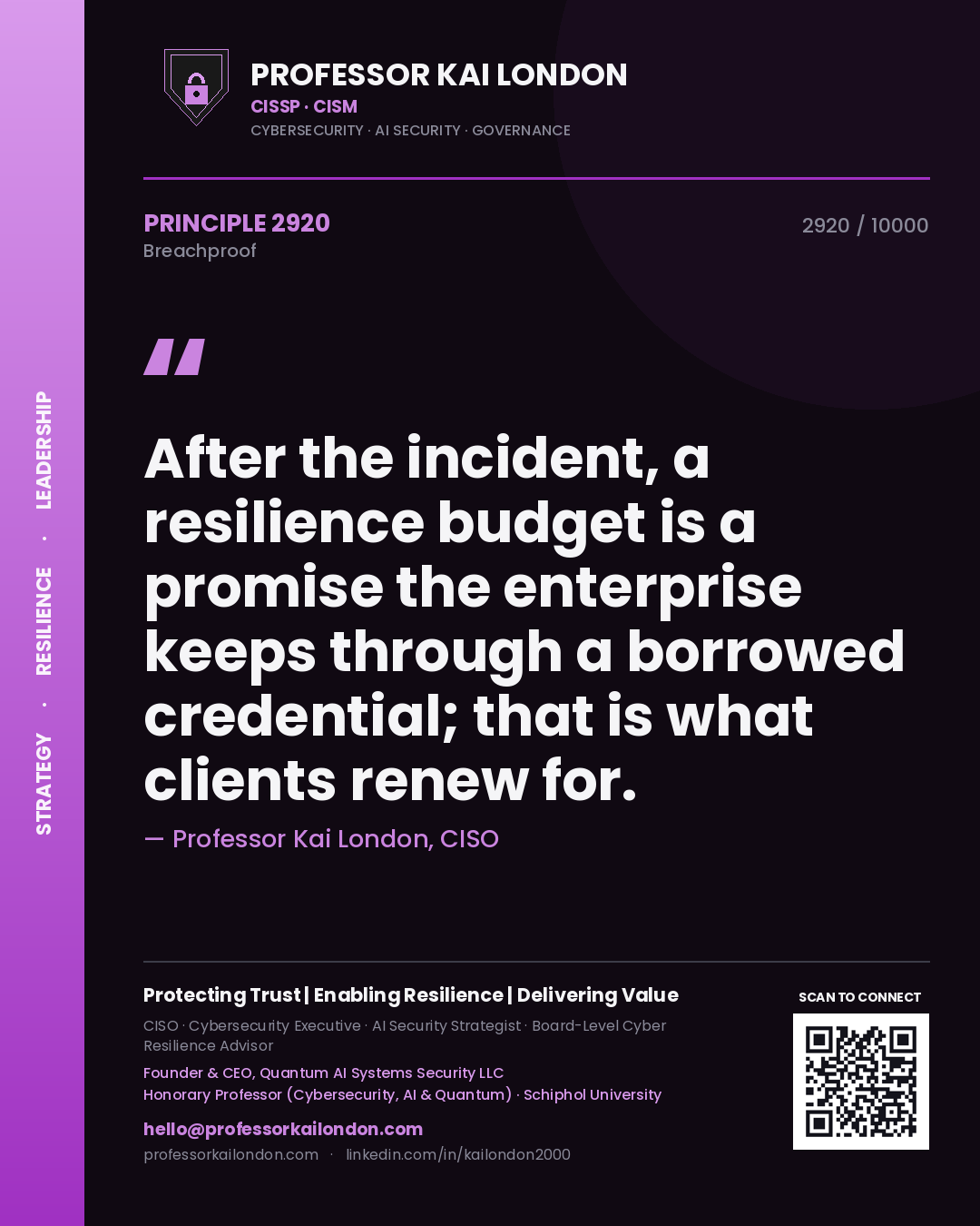 Quote card by Professor Kai London reading 'After the incident, a resilience budget is a promise the enterprise keeps through a borrowed credential; that is what clients renew for.'. From the book Breachproof.