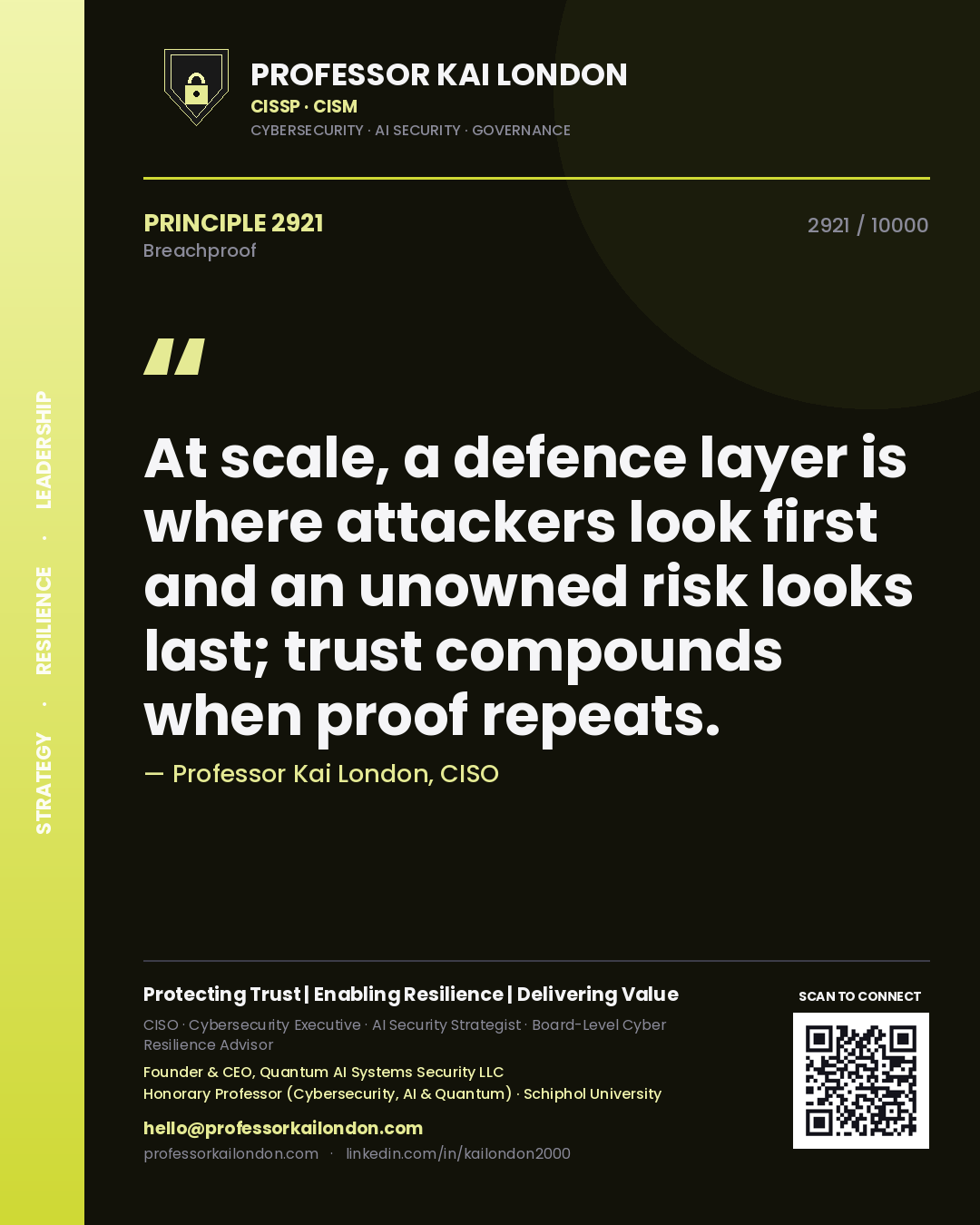 Professor Kai London principle 2921: At scale, a defence layer is where attackers look first and an unowned risk looks last; trust compounds when proof repeats.
