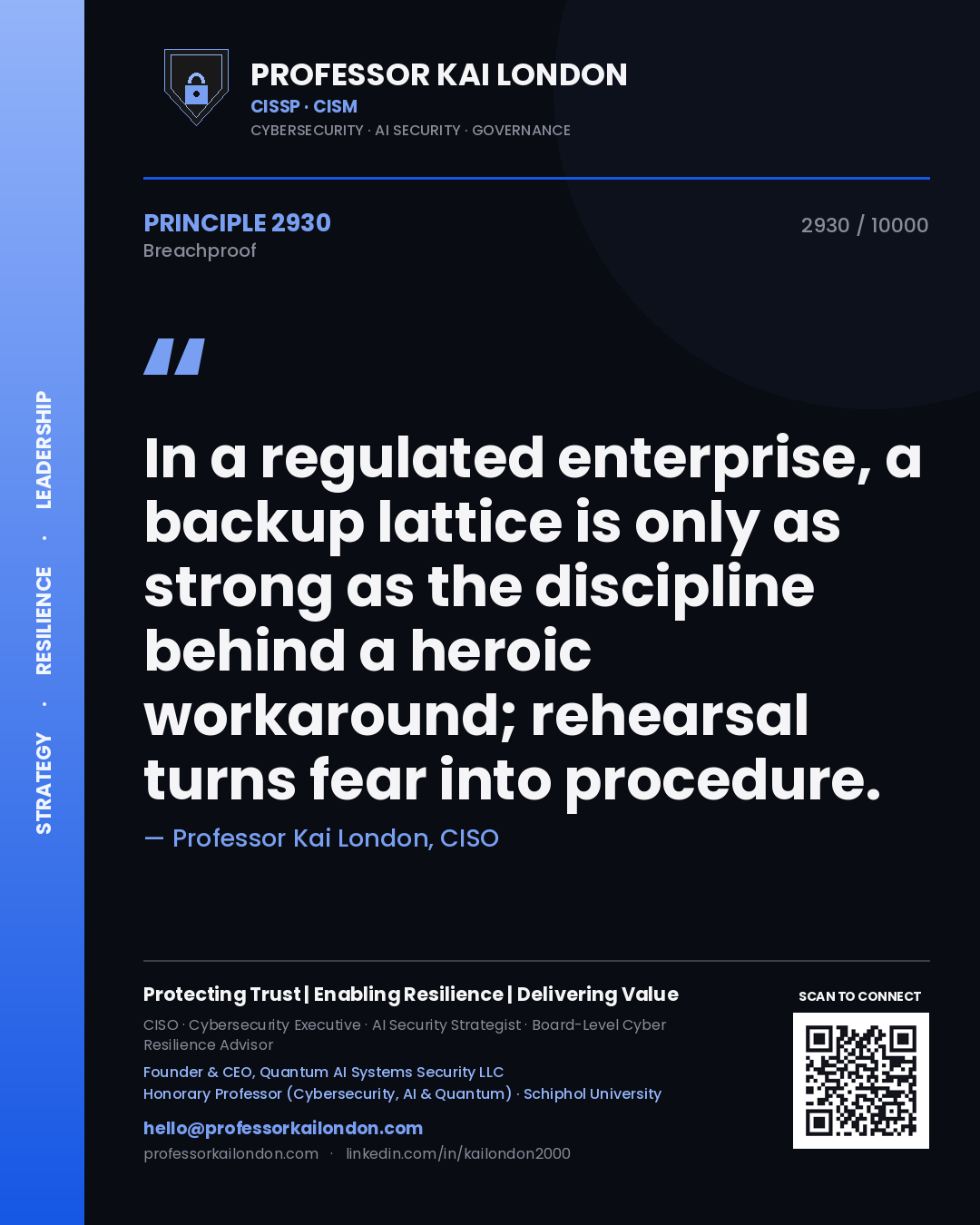 Professor Kai London principle 2930: In a regulated enterprise, a backup lattice is only as strong as the discipline behind a heroic workaround; rehearsal turns fear into procedure.