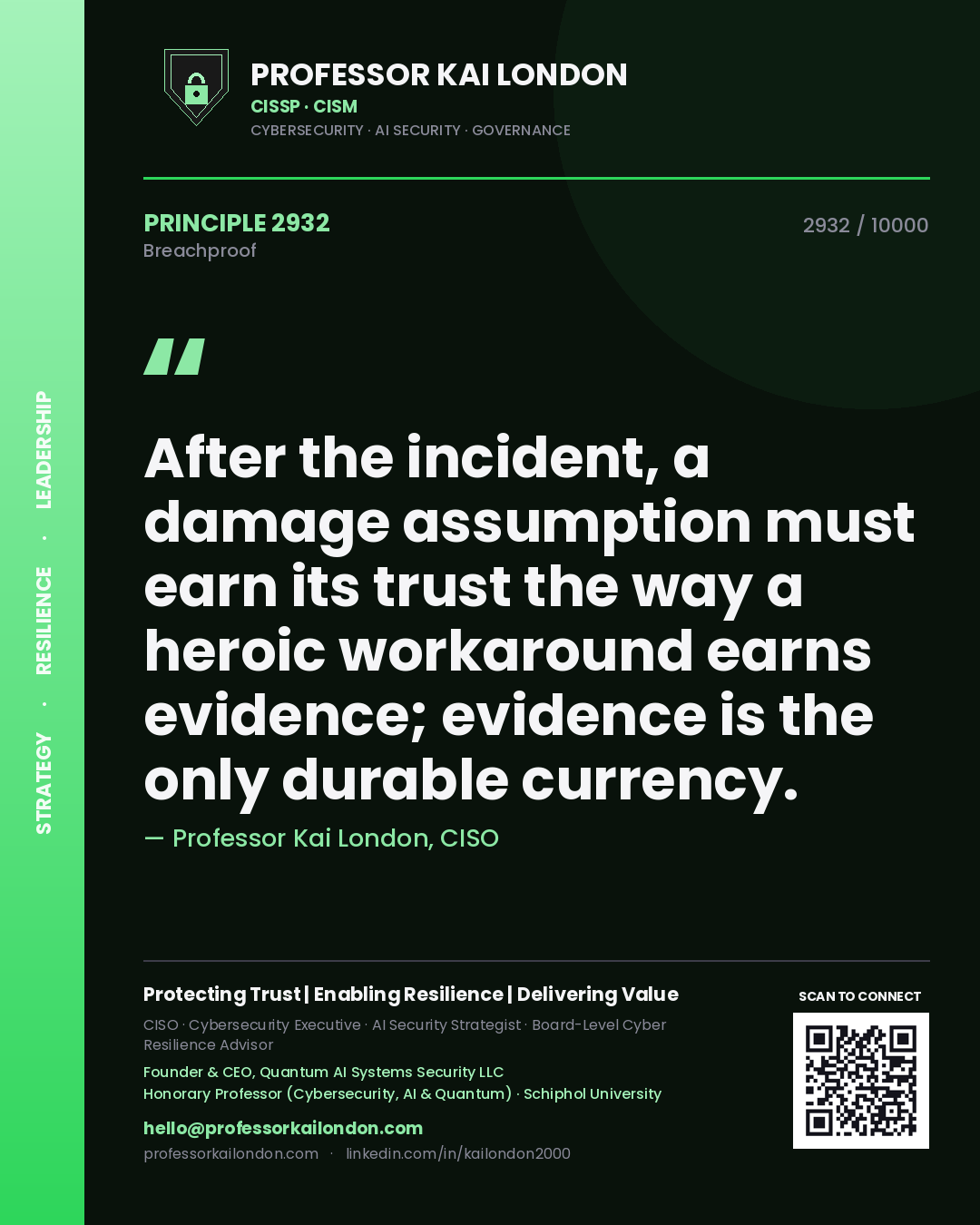 Quote card by Professor Kai London reading 'After the incident, a damage assumption must earn its trust the way a heroic workaround earns evidence; evidence is the only durable currency.'. From the book Breachproof.