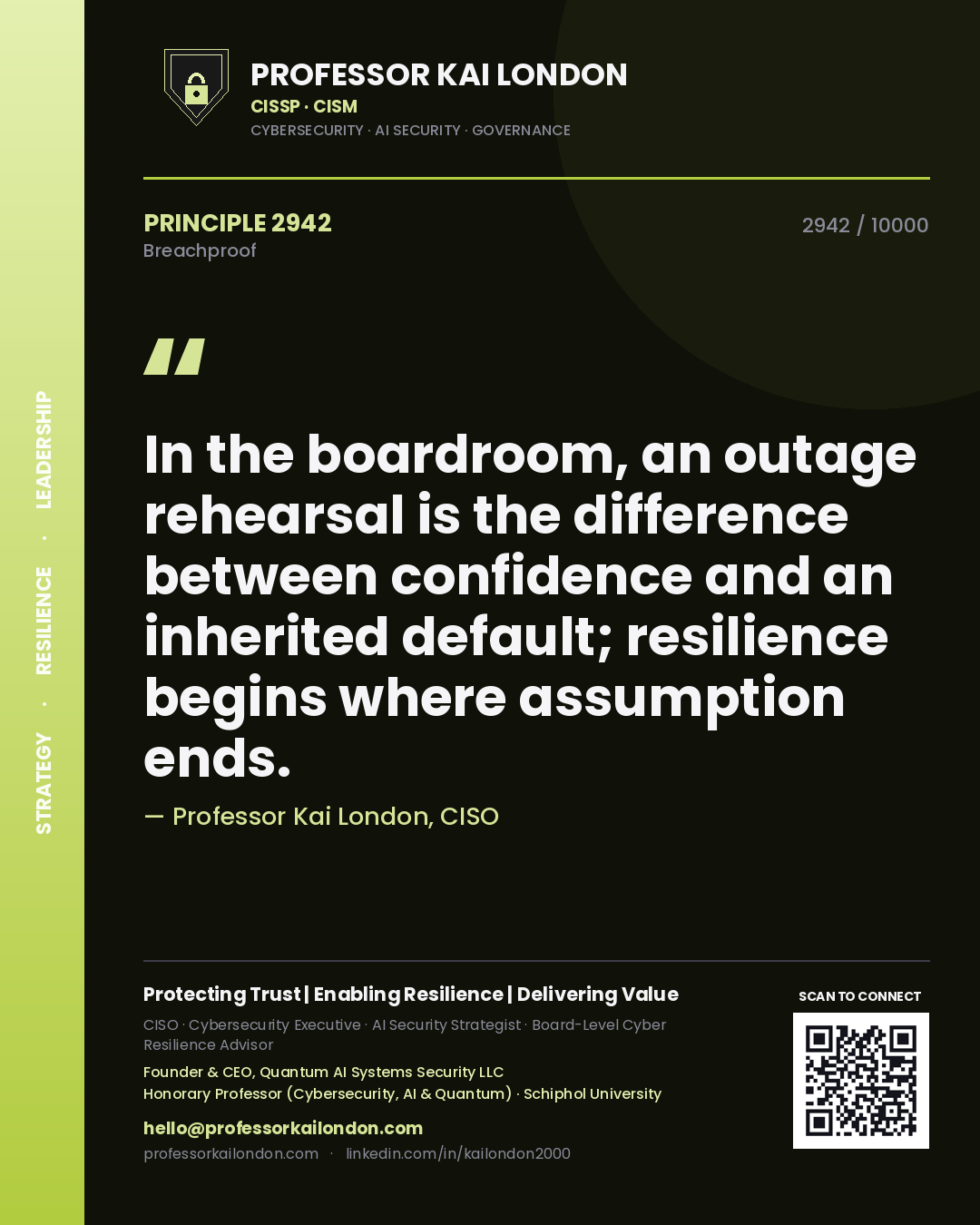 Quote card by Professor Kai London reading 'In the boardroom, an outage rehearsal is the difference between confidence and an inherited default; resilience begins where assumption ends.'. From the book Breachproof.
