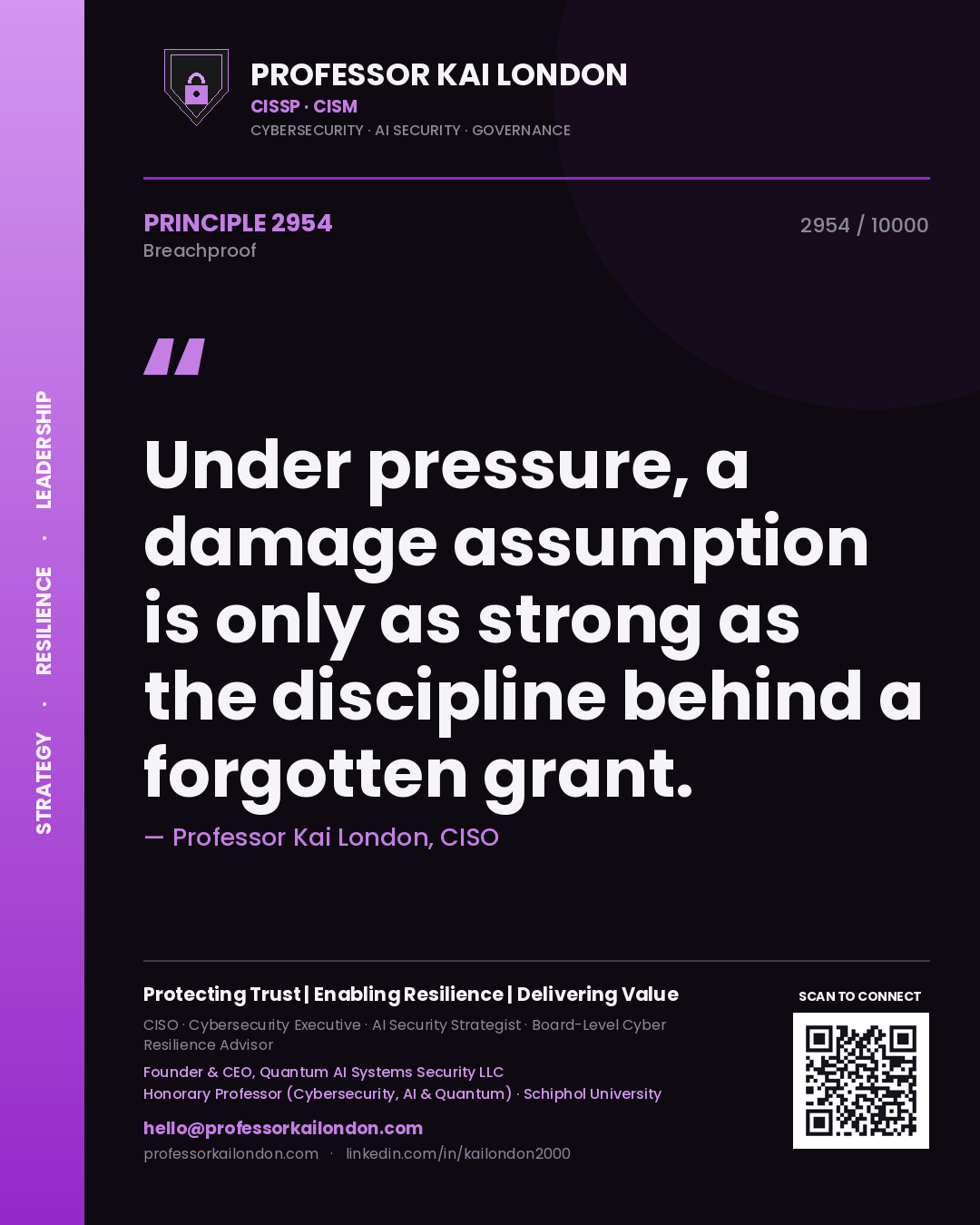 Quote card by Professor Kai London reading 'Under pressure, a damage assumption is only as strong as the discipline behind a forgotten grant.'. From the book Breachproof.
