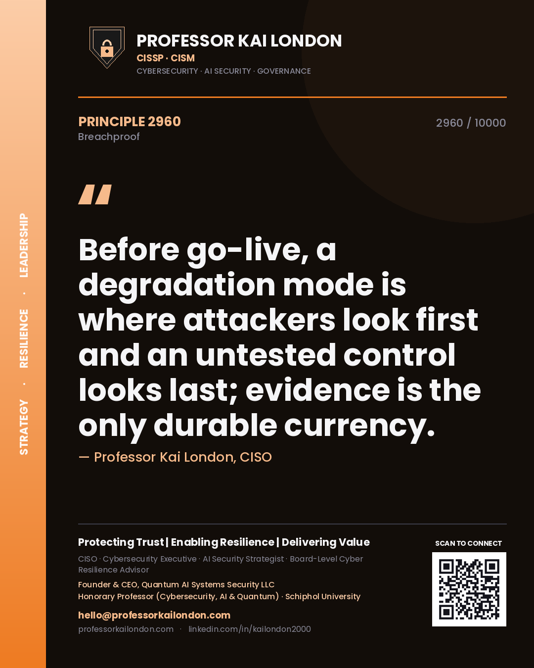 Quote card by Professor Kai London reading 'Before go-live, a degradation mode is where attackers look first and an untested control looks last; evidence is the only durable currency.'. From the book Breachproof.