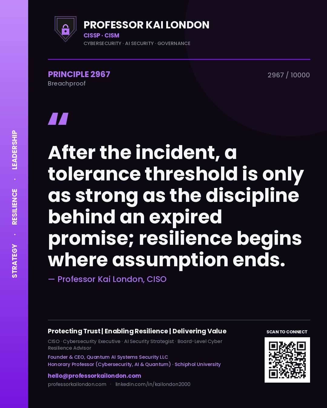 Quote card by Professor Kai London reading 'After the incident, a tolerance threshold is only as strong as the discipline behind an expired promise; resilience begins where assumption ends.'. From the book Breachproof.