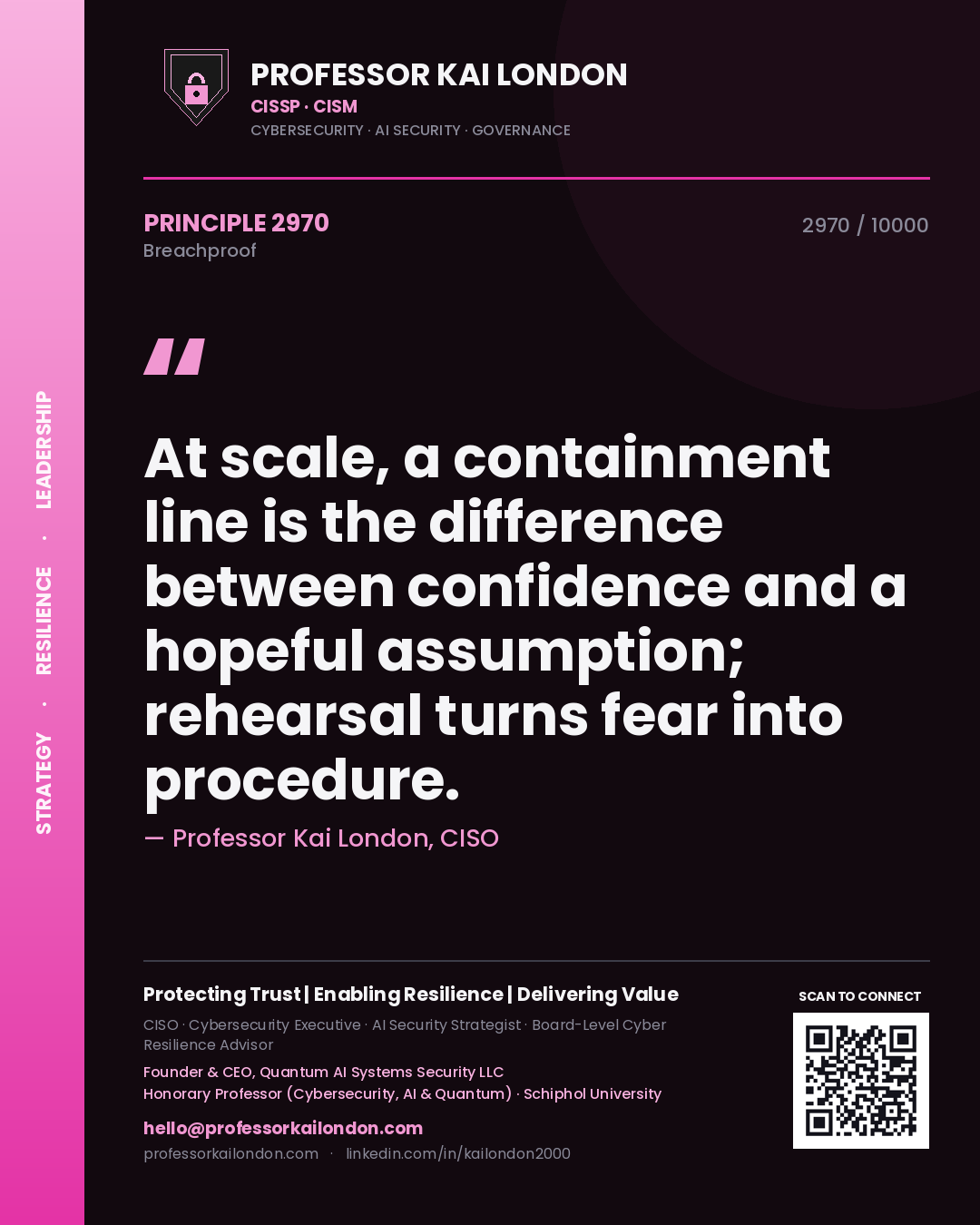 Quote card by Professor Kai London reading 'At scale, a containment line is the difference between confidence and a hopeful assumption; rehearsal turns fear into procedure.'. From the book Breachproof.