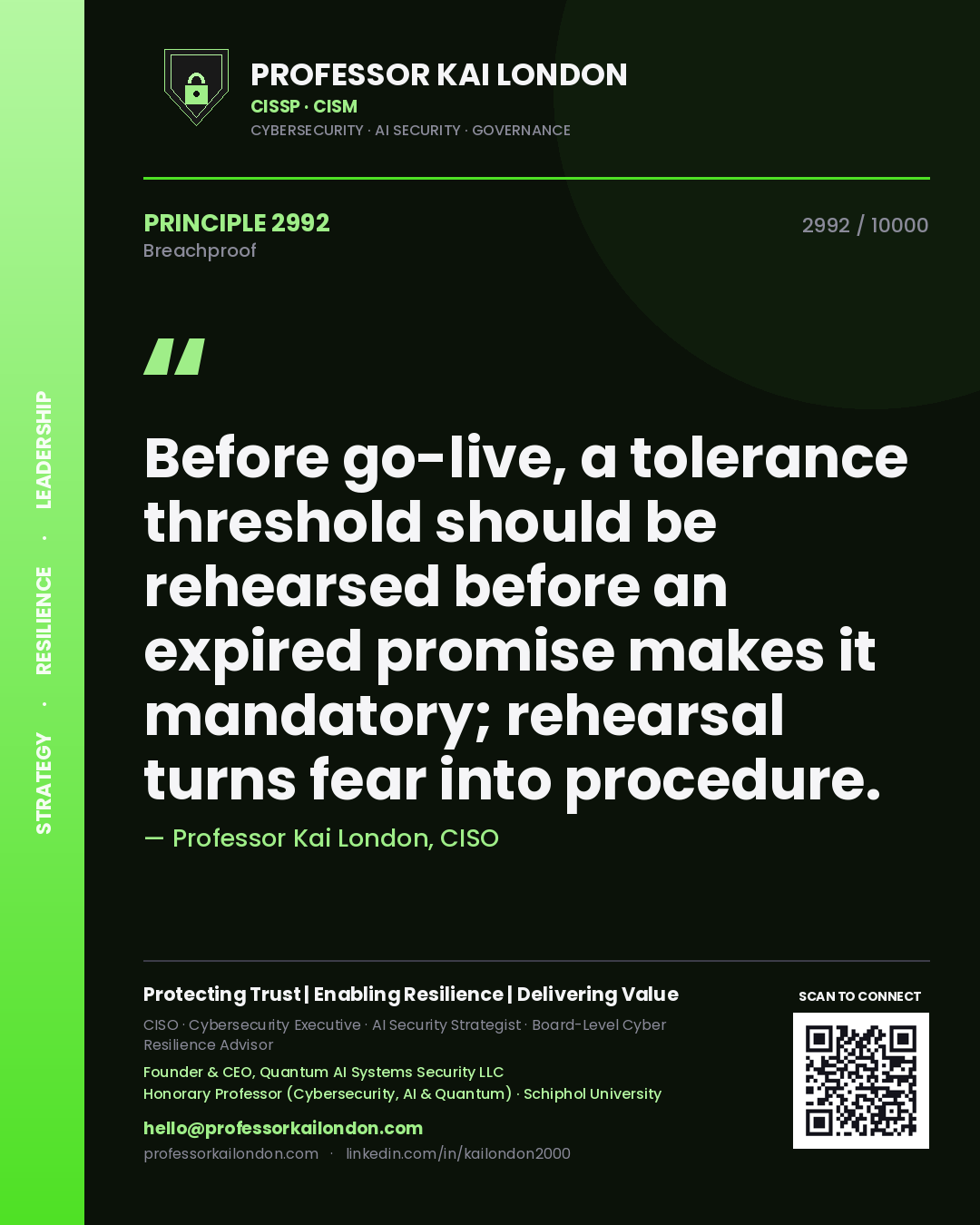 Quote card by Professor Kai London reading 'Before go-live, a tolerance threshold should be rehearsed before an expired promise makes it mandatory; rehearsal turns fear into procedure.'. From the book Breachproof.