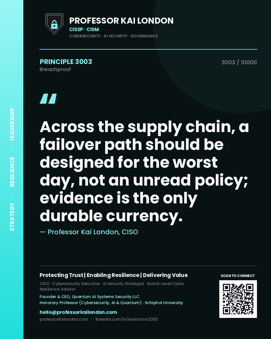 Quote card by Professor Kai London reading 'Across the supply chain, a failover path should be designed for the worst day, not an unread policy; evidence is the only durable currency.'. From the book Breachproof.