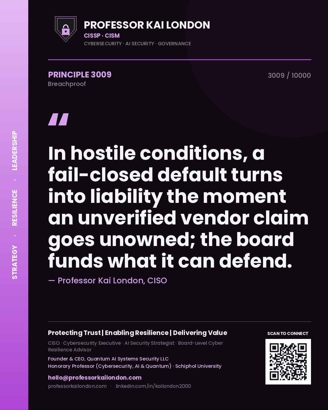 Quote card by Professor Kai London reading 'In hostile conditions, a fail-closed default turns into liability the moment an unverified vendor claim goes unowned; the board funds what it can defend.'. From the book Breachproof.