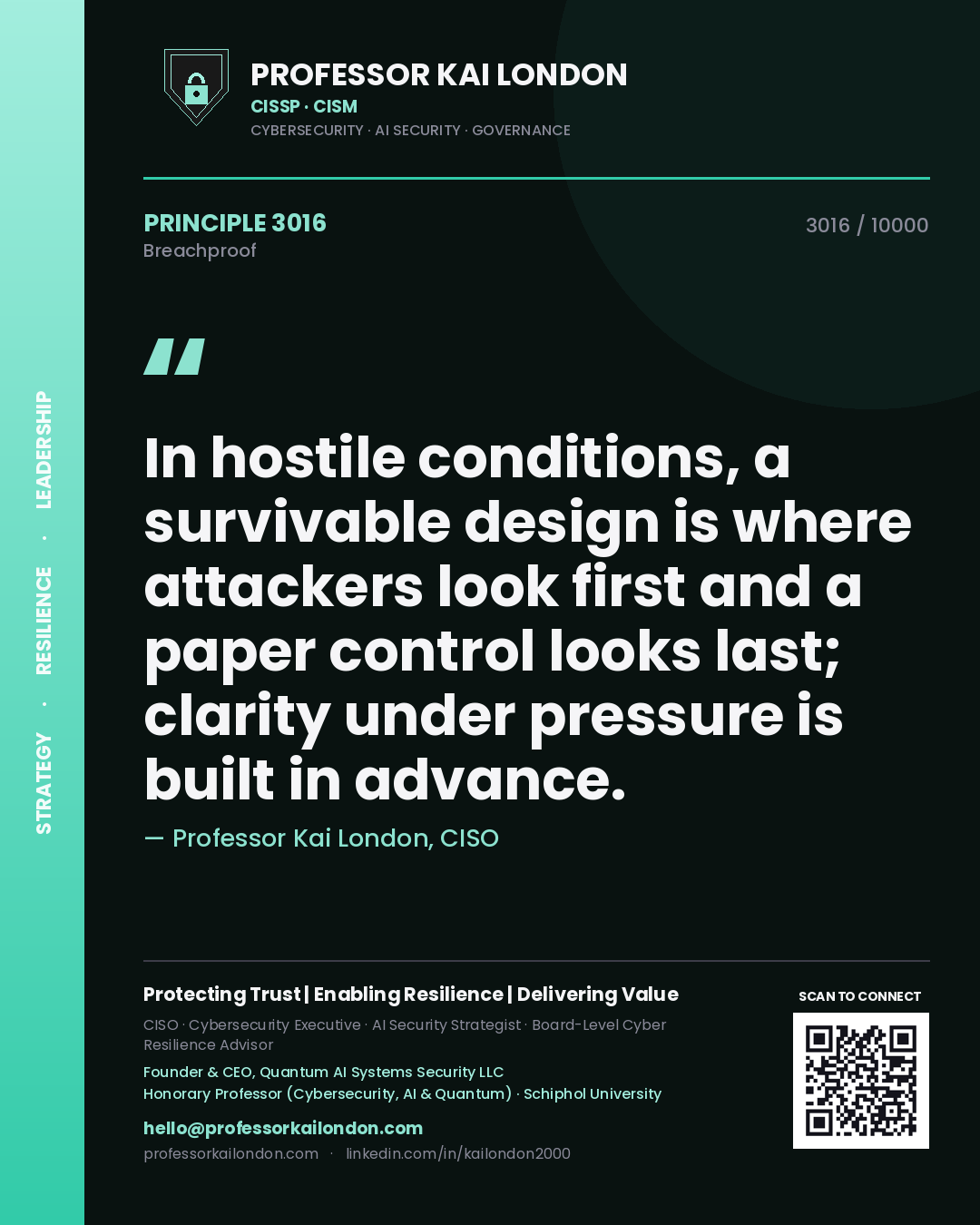 Quote card by Professor Kai London reading 'In hostile conditions, a survivable design is where attackers look first and a paper control looks last; clarity under pressure is built in advance.'. From the book Breachproof.