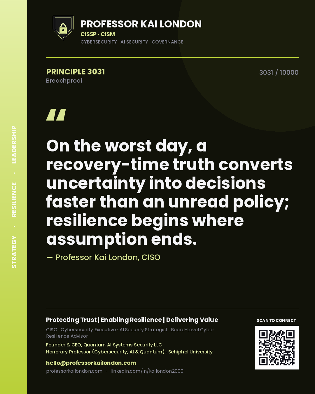 Quote card by Professor Kai London reading 'On the worst day, a recovery-time truth converts uncertainty into decisions faster than an unread policy; resilience begins where assumption ends.'. From the book Breachproof.