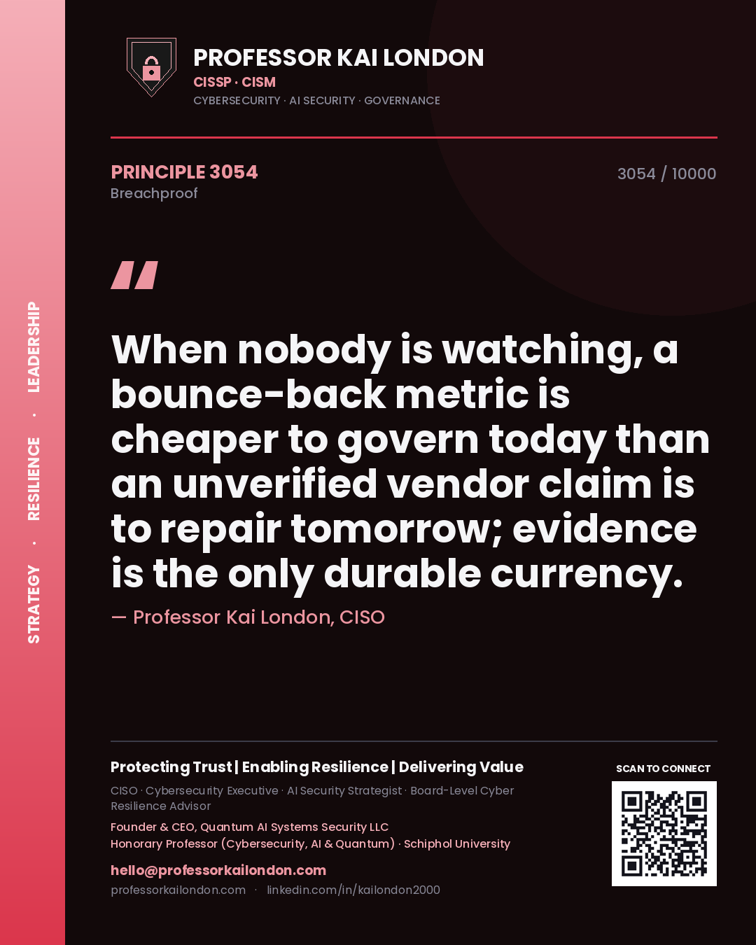Quote card by Professor Kai London reading 'When nobody is watching, a bounce-back metric is cheaper to govern today than an unverified vendor claim is to repair tomorrow; evidence is the only durable currency.'. From the book Breachproof.